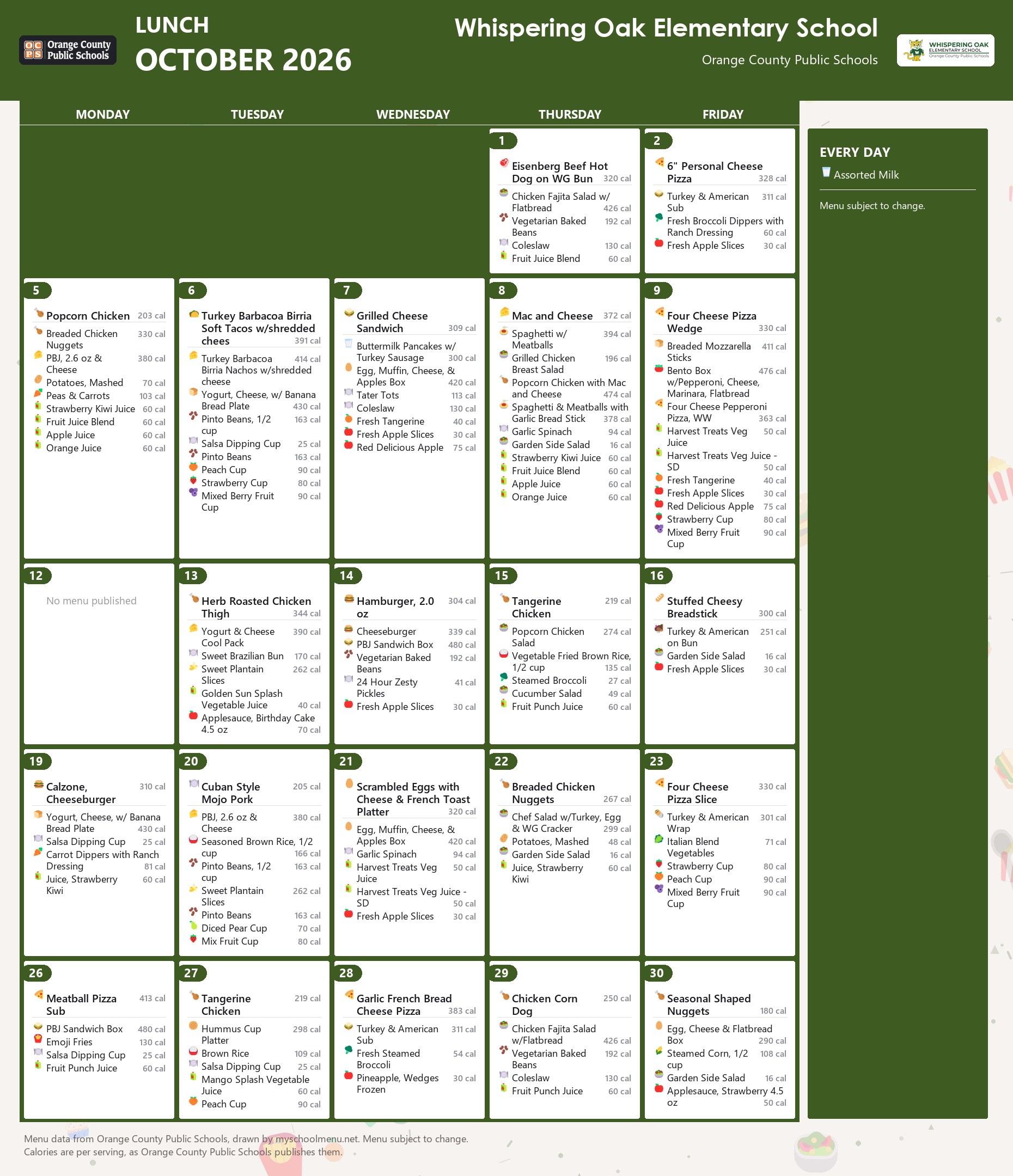 Whispering Oak Elementary School lunch menu for October 2026 &mdash; Orange County Public Schools