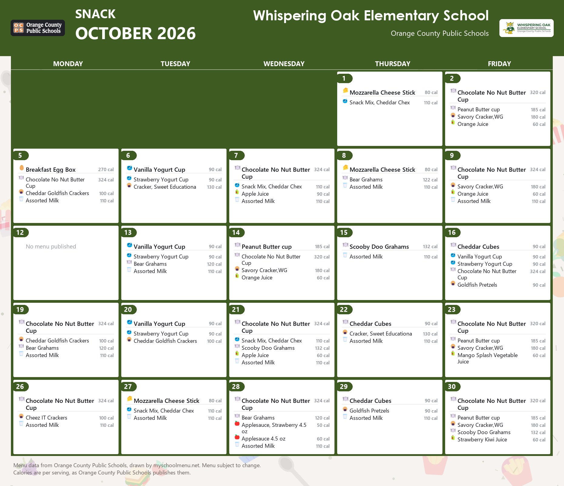 Whispering Oak Elementary School snack menu for October 2026 &mdash; Orange County Public Schools