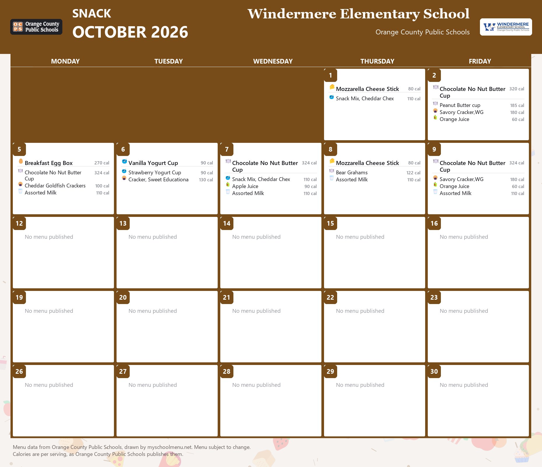 Windermere Elementary School snack menu for October 2026 &mdash; Orange County Public Schools