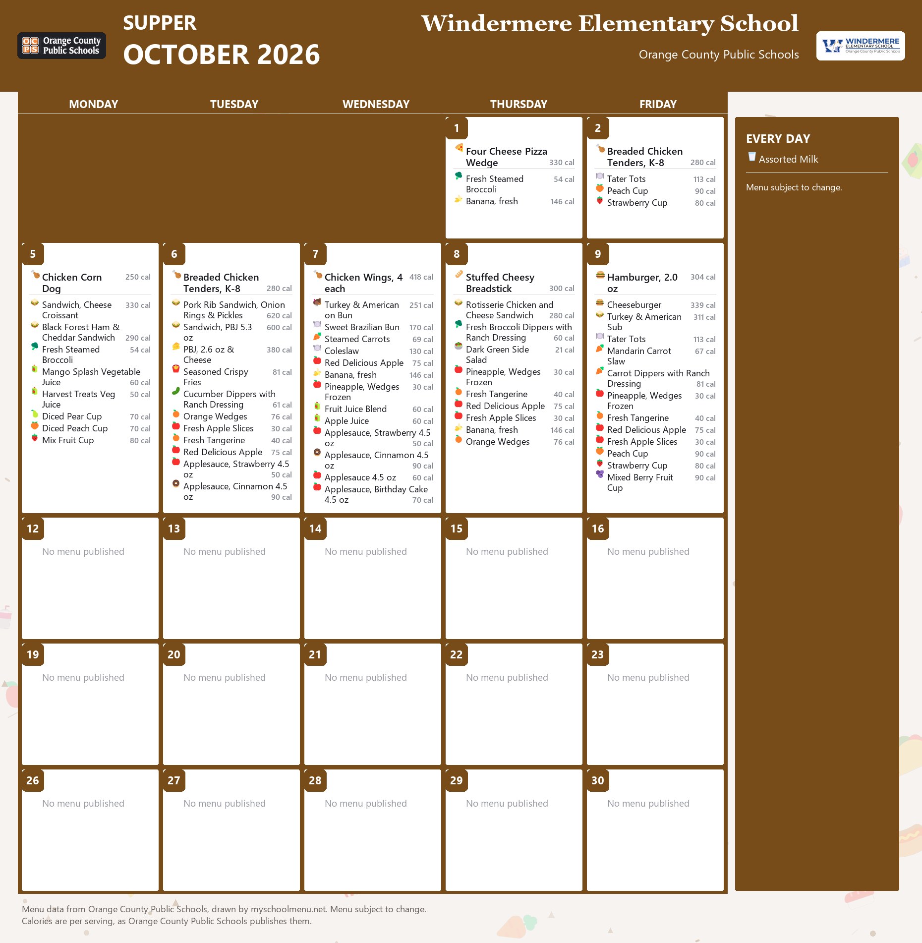 Windermere Elementary School supper menu for October 2026 &mdash; Orange County Public Schools