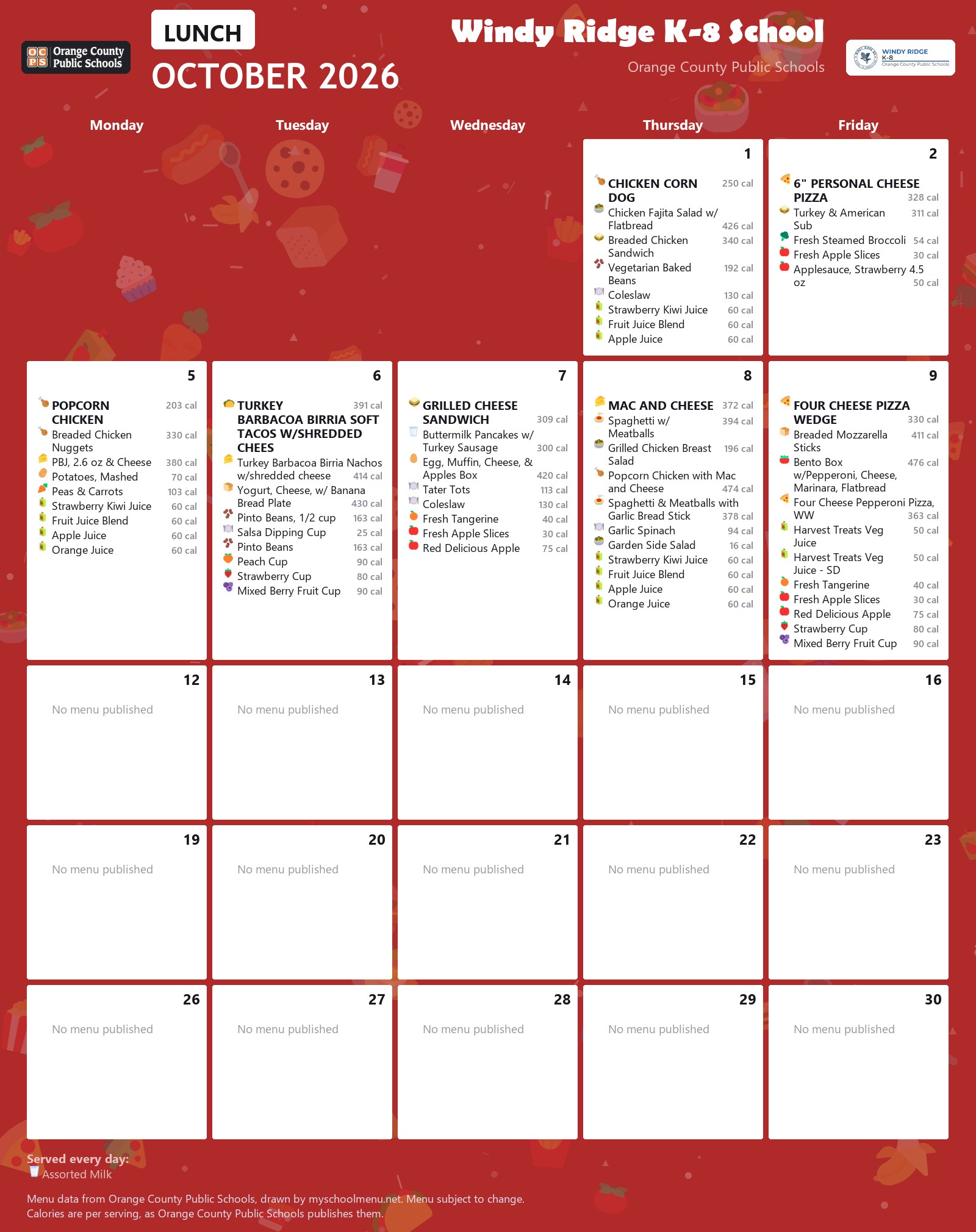 Windy Ridge K-8 School lunch menu for October 2026 &mdash; Orange County Public Schools