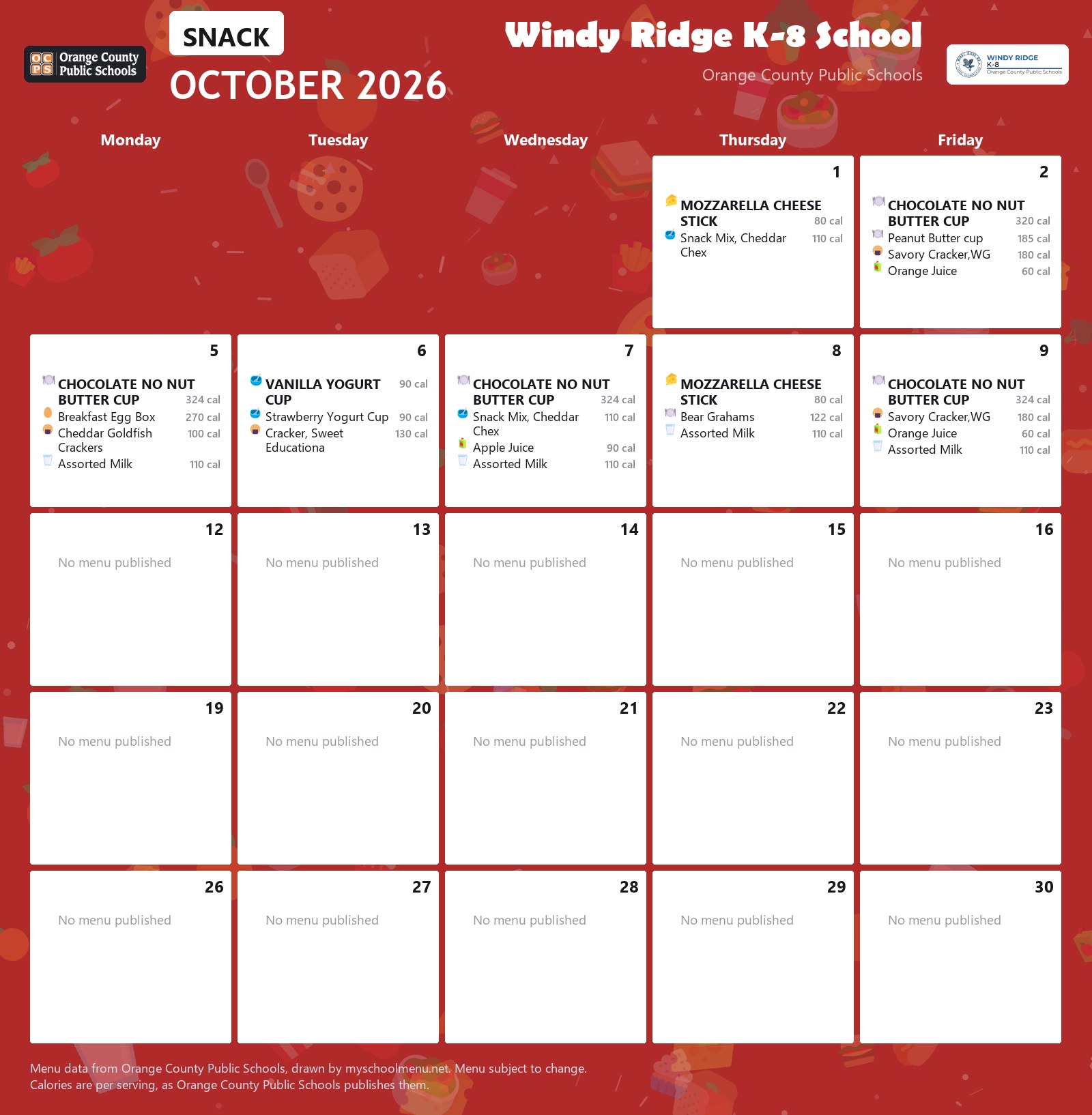 Windy Ridge K-8 School snack menu for October 2026 &mdash; Orange County Public Schools