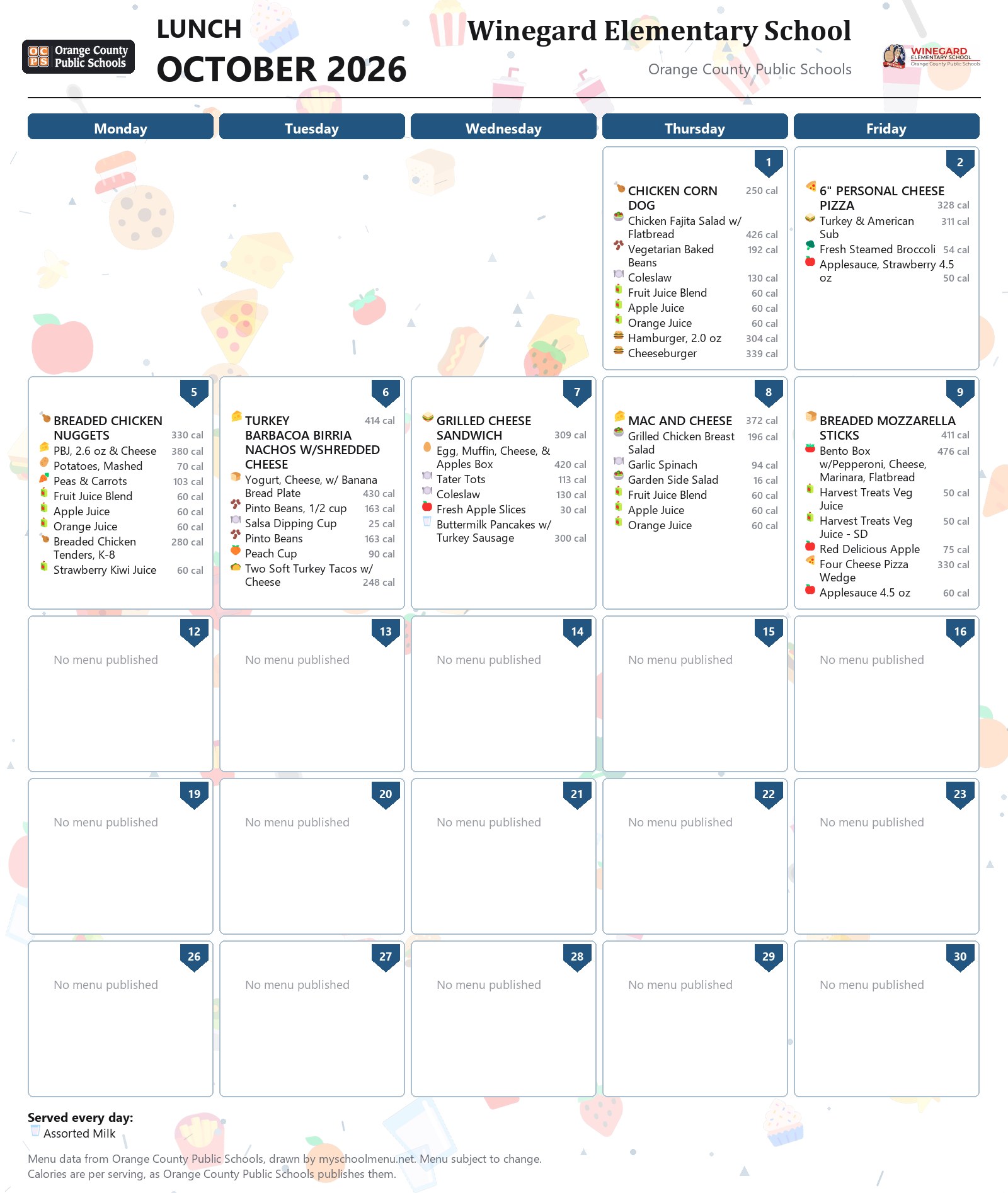 Winegard Elementary School lunch menu for October 2026 &mdash; Orange County Public Schools