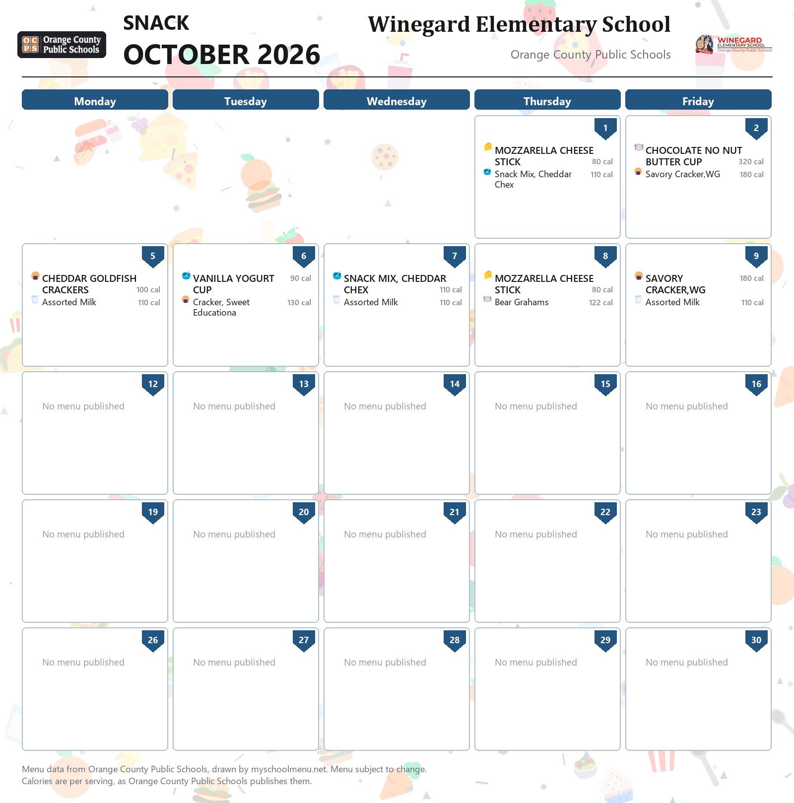 Winegard Elementary School snack menu for October 2026 &mdash; Orange County Public Schools