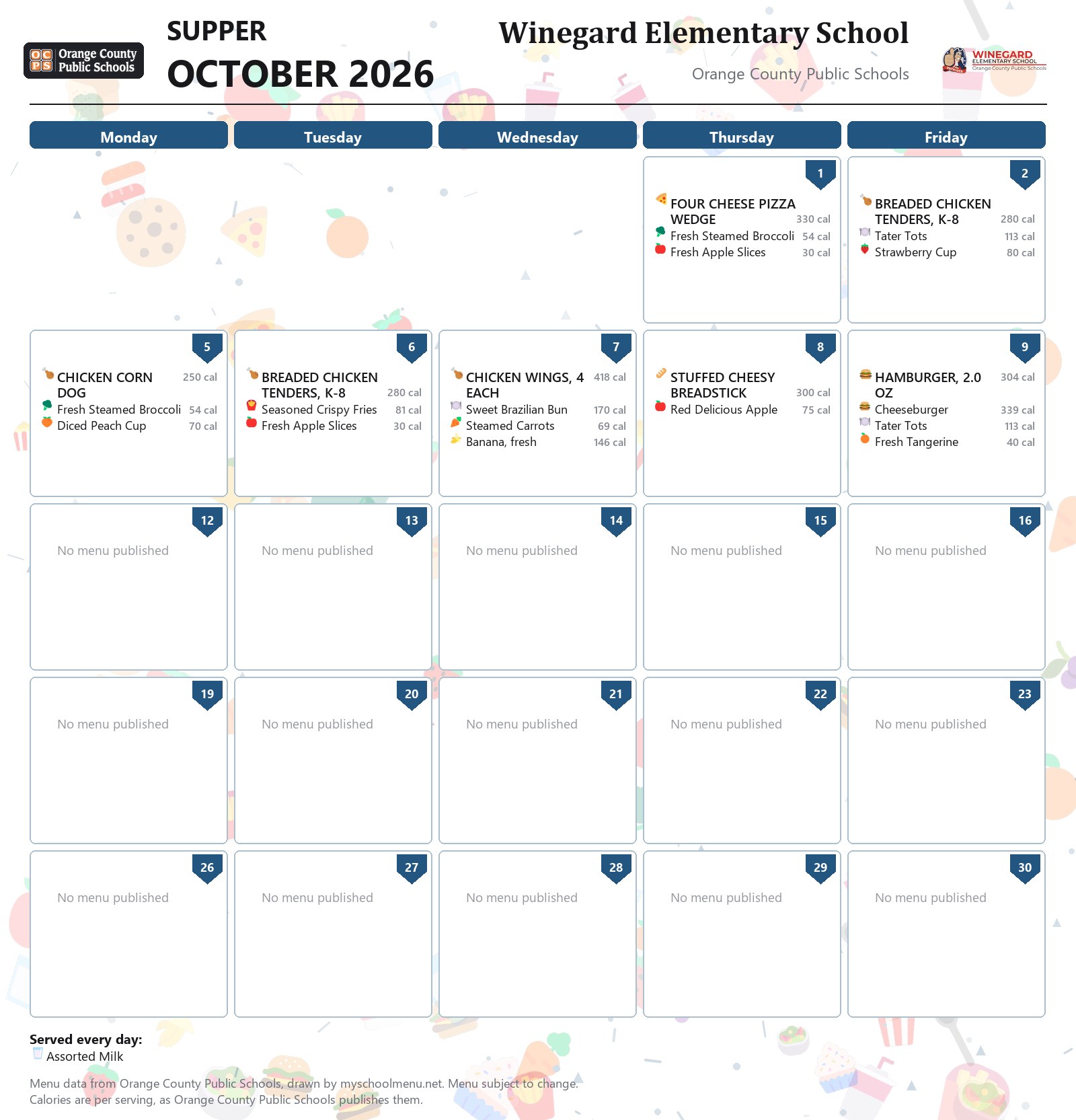 Winegard Elementary School supper menu for October 2026 &mdash; Orange County Public Schools
