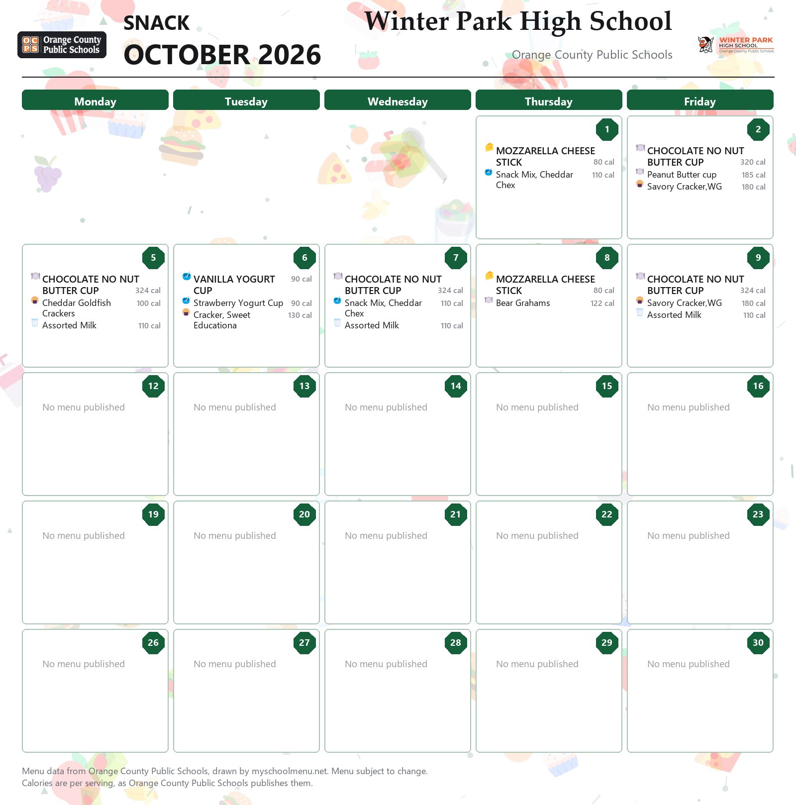 Winter Park High School snack menu for October 2026 &mdash; Orange County Public Schools