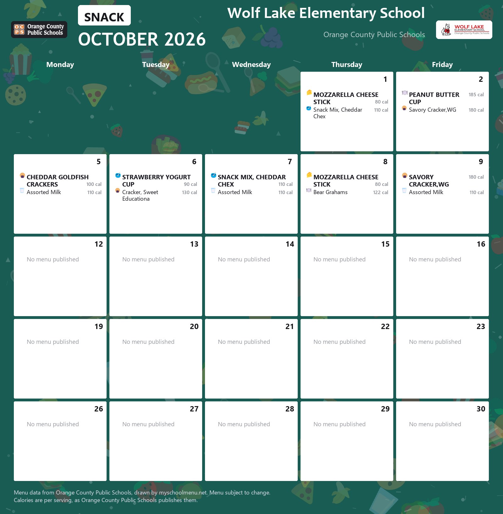 Wolf Lake Elementary School snack menu for October 2026 &mdash; Orange County Public Schools