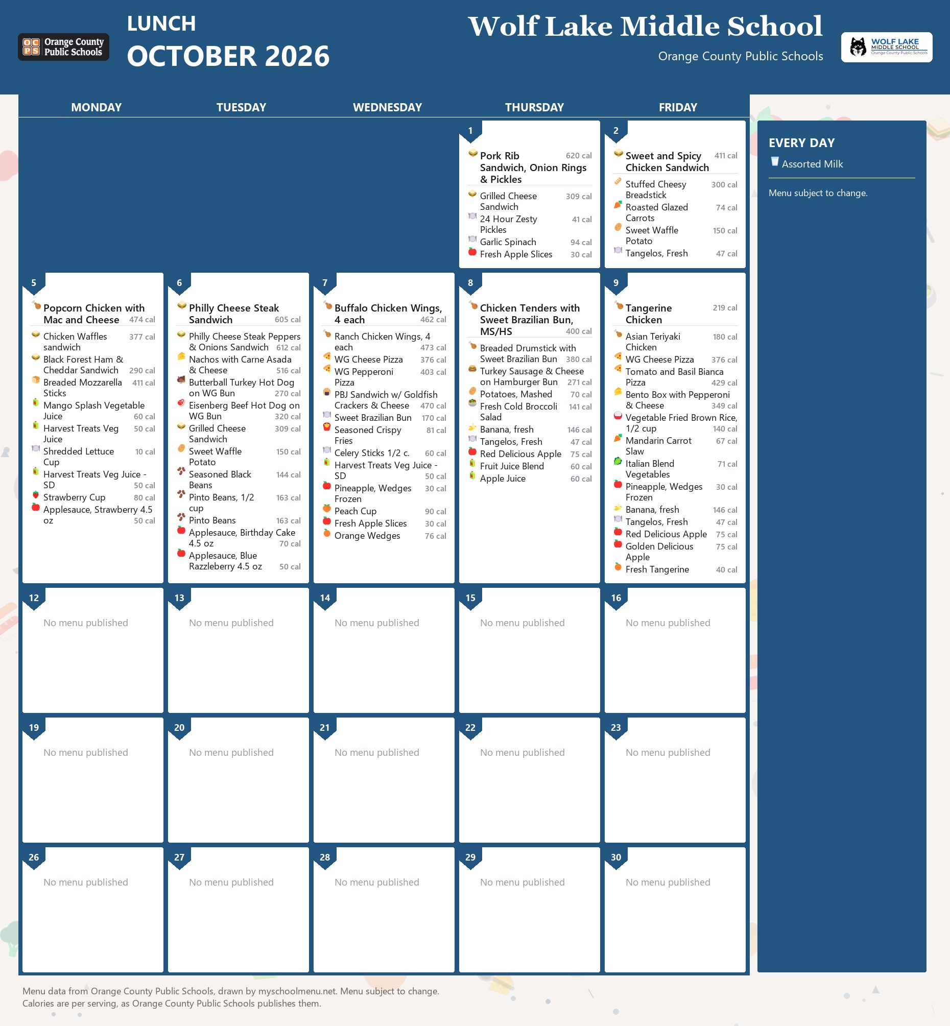 Wolf Lake Middle School lunch menu for October 2026 &mdash; Orange County Public Schools