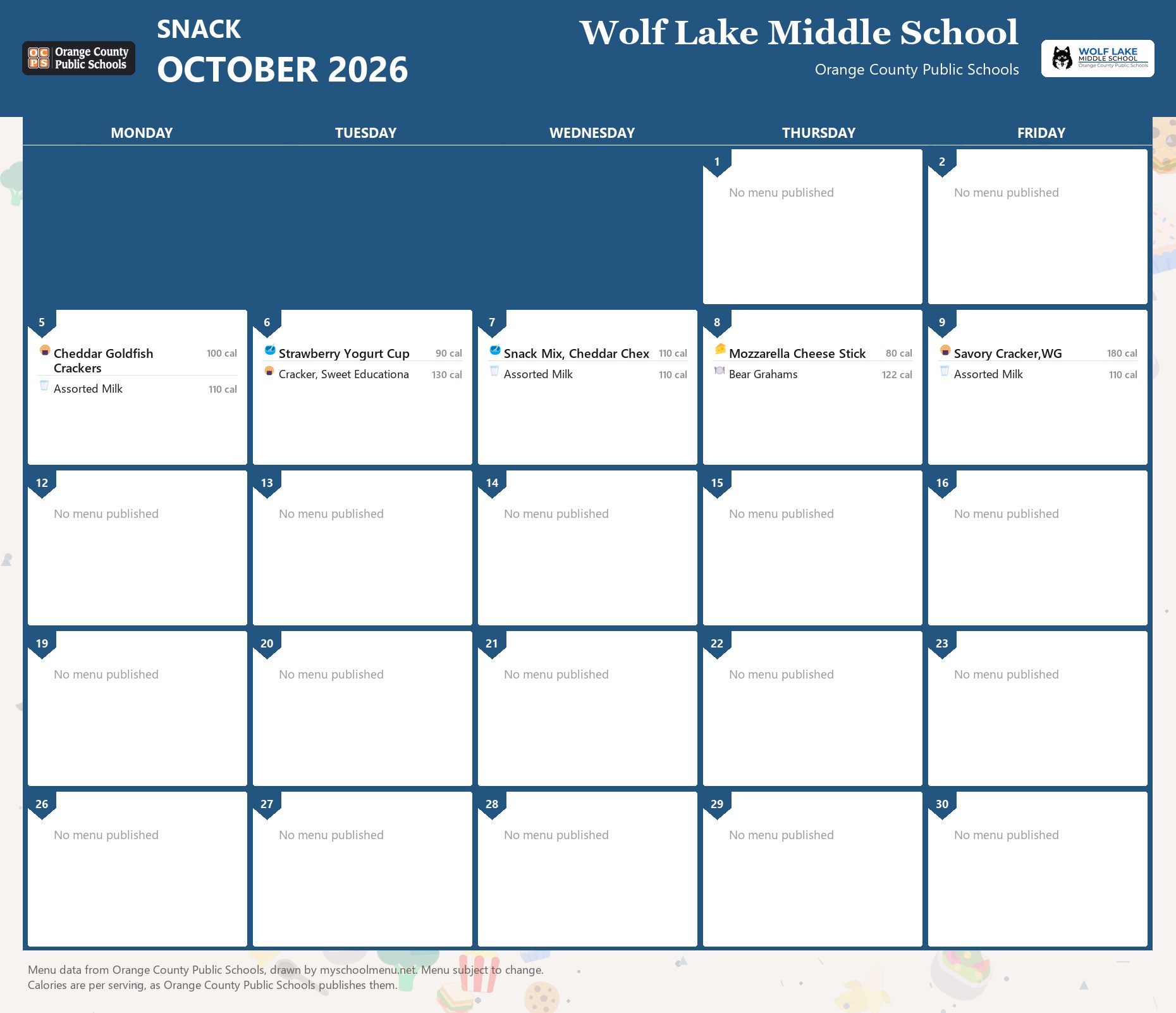 Wolf Lake Middle School snack menu for October 2026 &mdash; Orange County Public Schools