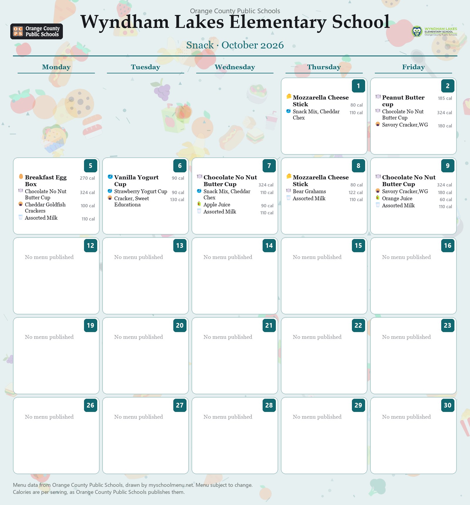 Wyndham Lakes Elementary School snack menu for October 2026 &mdash; Orange County Public Schools