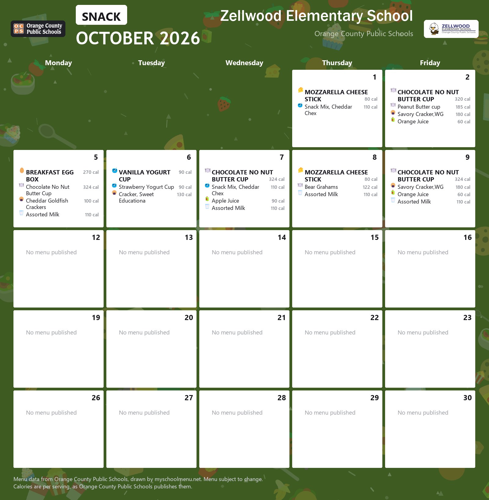 Zellwood Elementary School snack menu for October 2026 &mdash; Orange County Public Schools