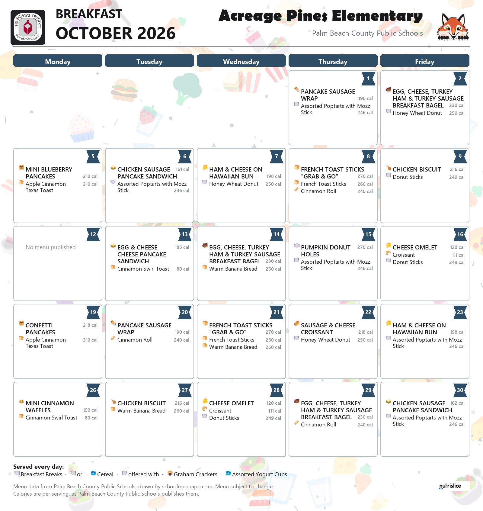 Acreage Pines Elementary breakfast menu for October 2026, Palm Beach County Public Schools