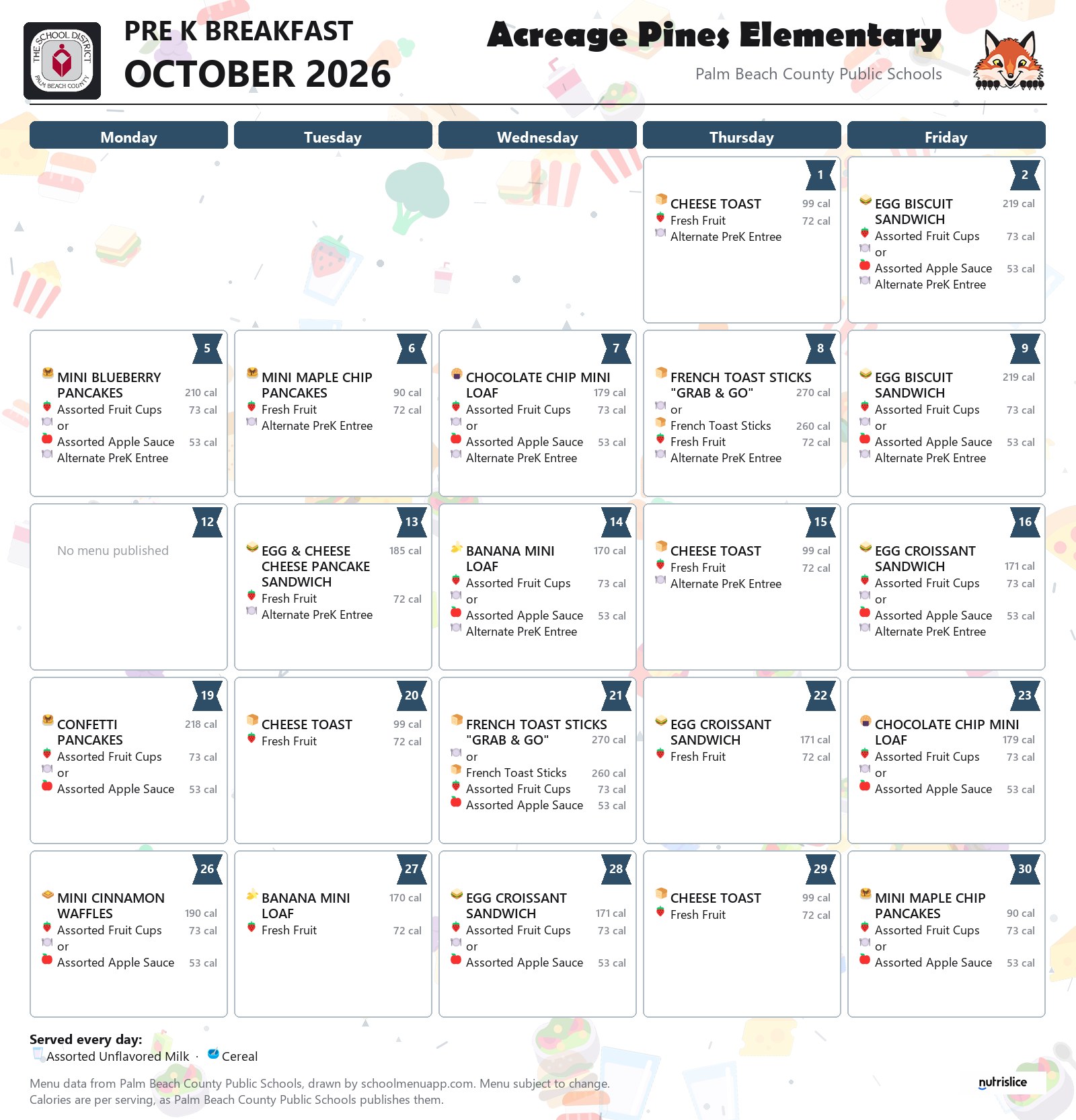Acreage Pines Elementary pre k breakfast menu for October 2026, Palm Beach County Public Schools