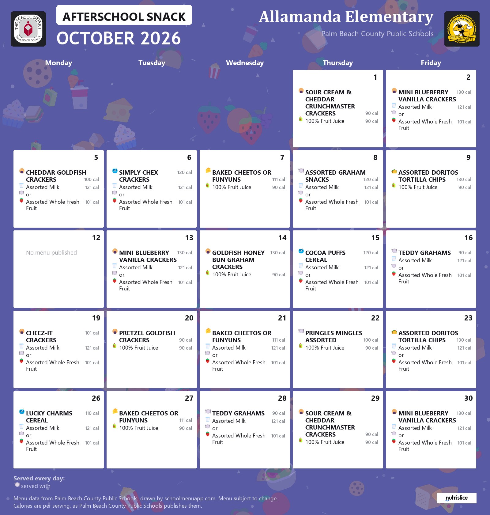 Allamanda Elementary afterschool snack menu for October 2026, Palm Beach County Public Schools