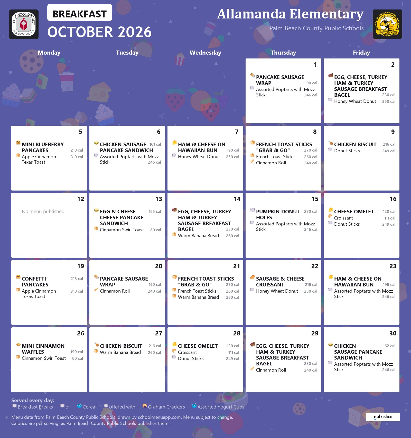 Allamanda Elementary breakfast menu for October 2026, Palm Beach County Public Schools
