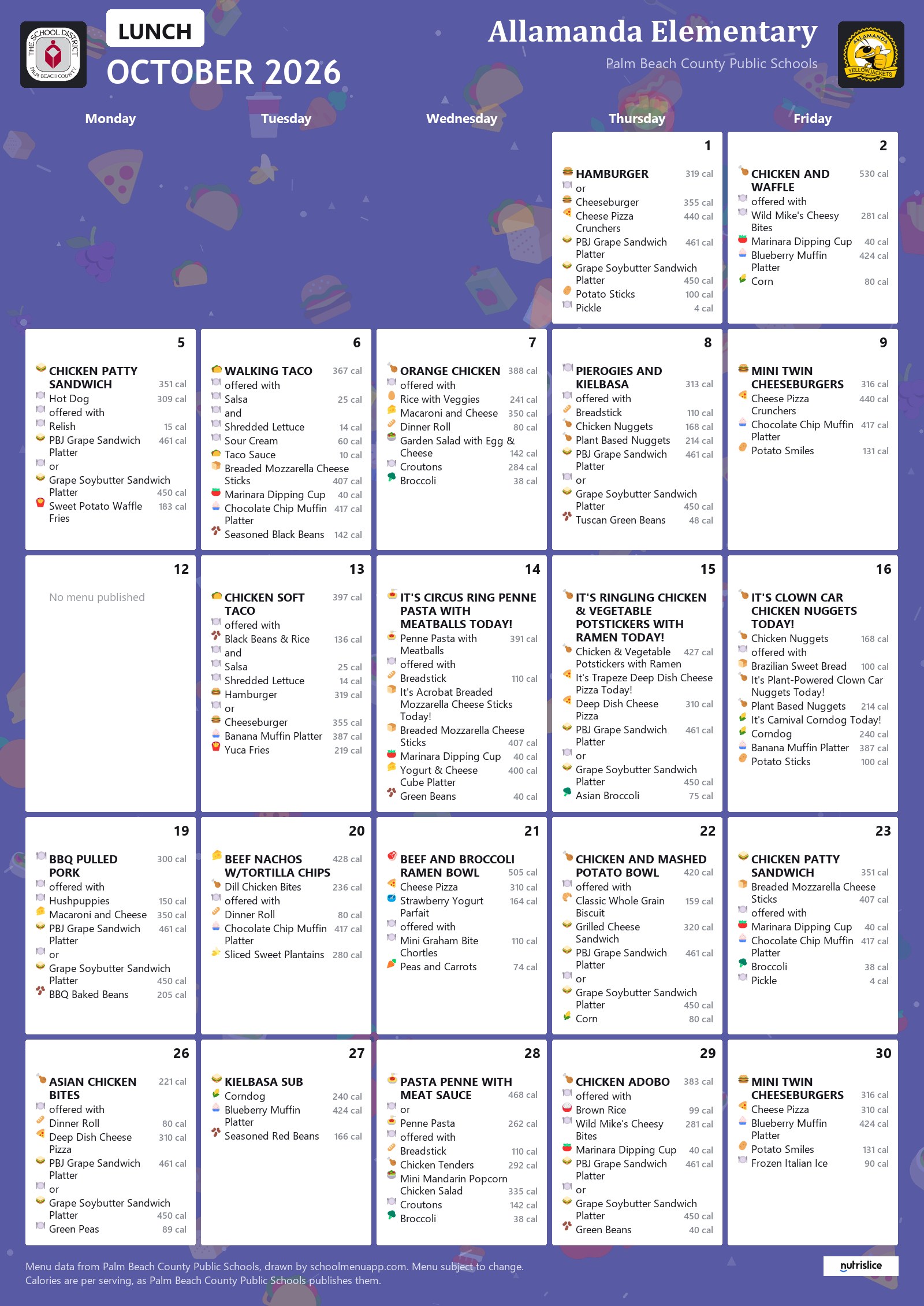 Allamanda Elementary lunch menu for October 2026, Palm Beach County Public Schools