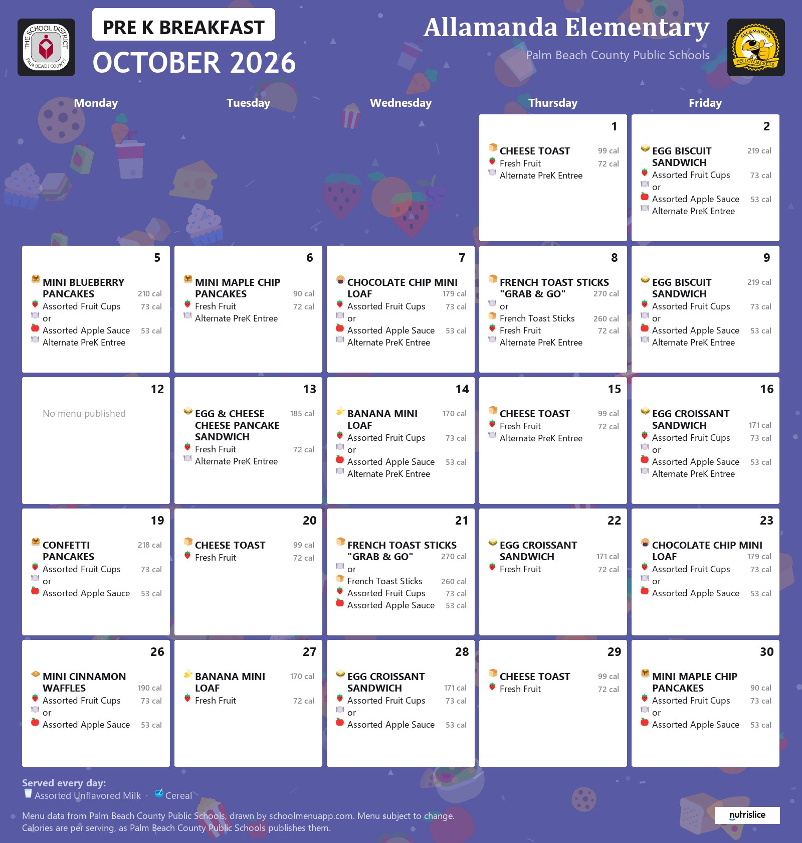 Allamanda Elementary pre k breakfast menu for October 2026, Palm Beach County Public Schools