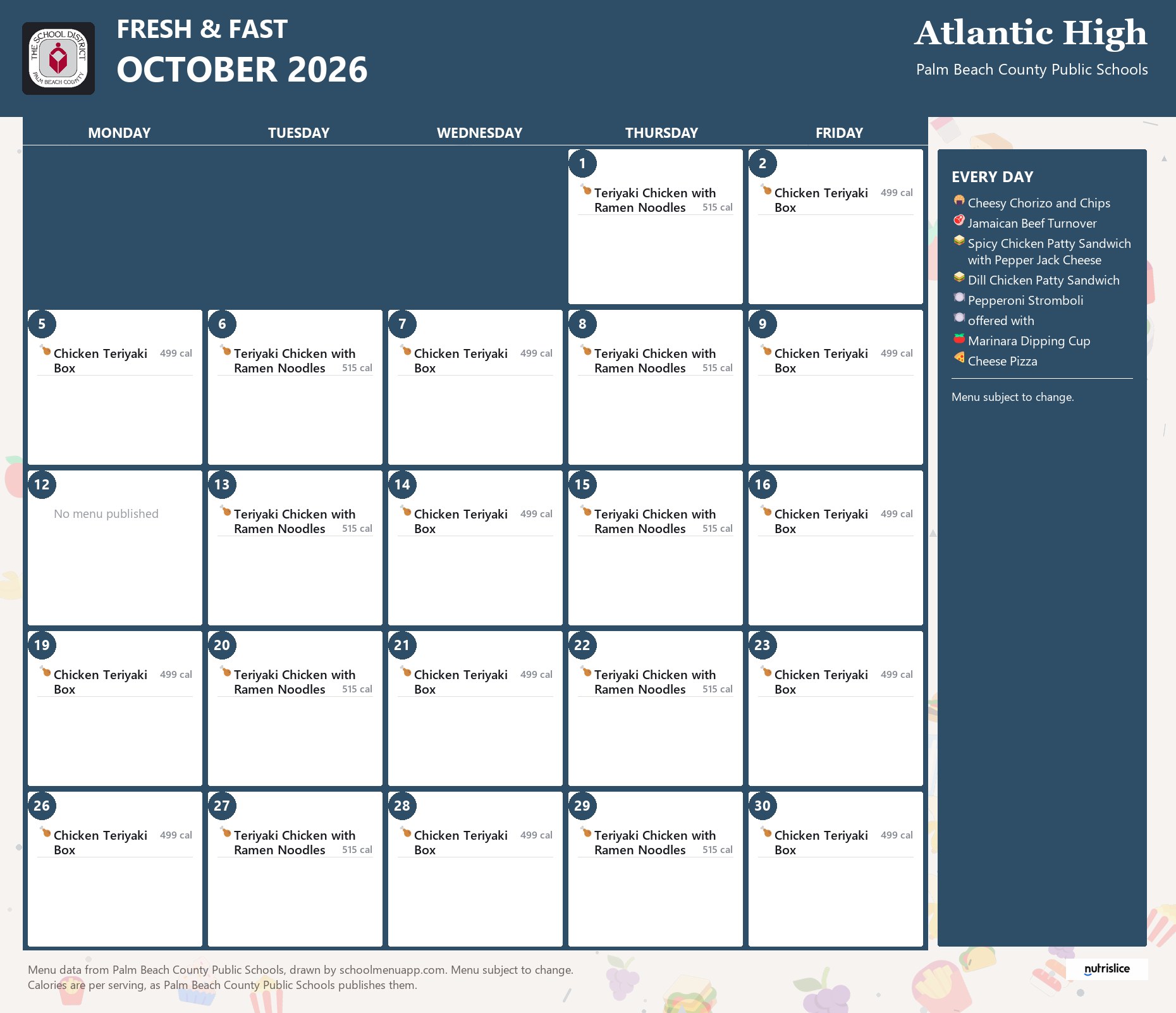 Atlantic High fresh & fast menu for October 2026, Palm Beach County Public Schools