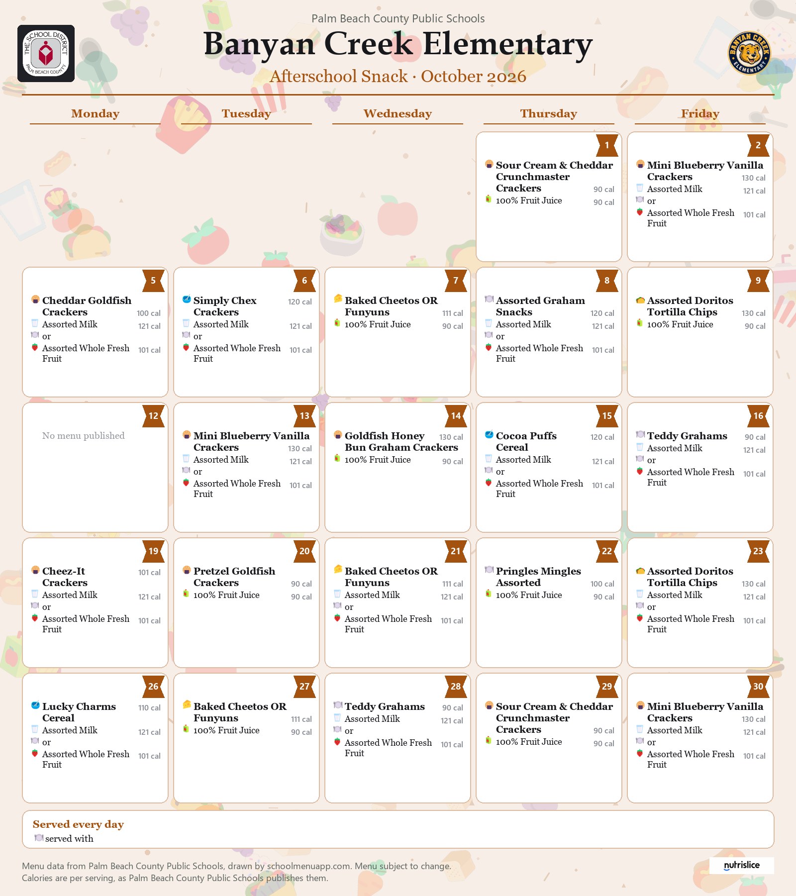 Banyan Creek Elementary afterschool snack menu for October 2026, Palm Beach County Public Schools