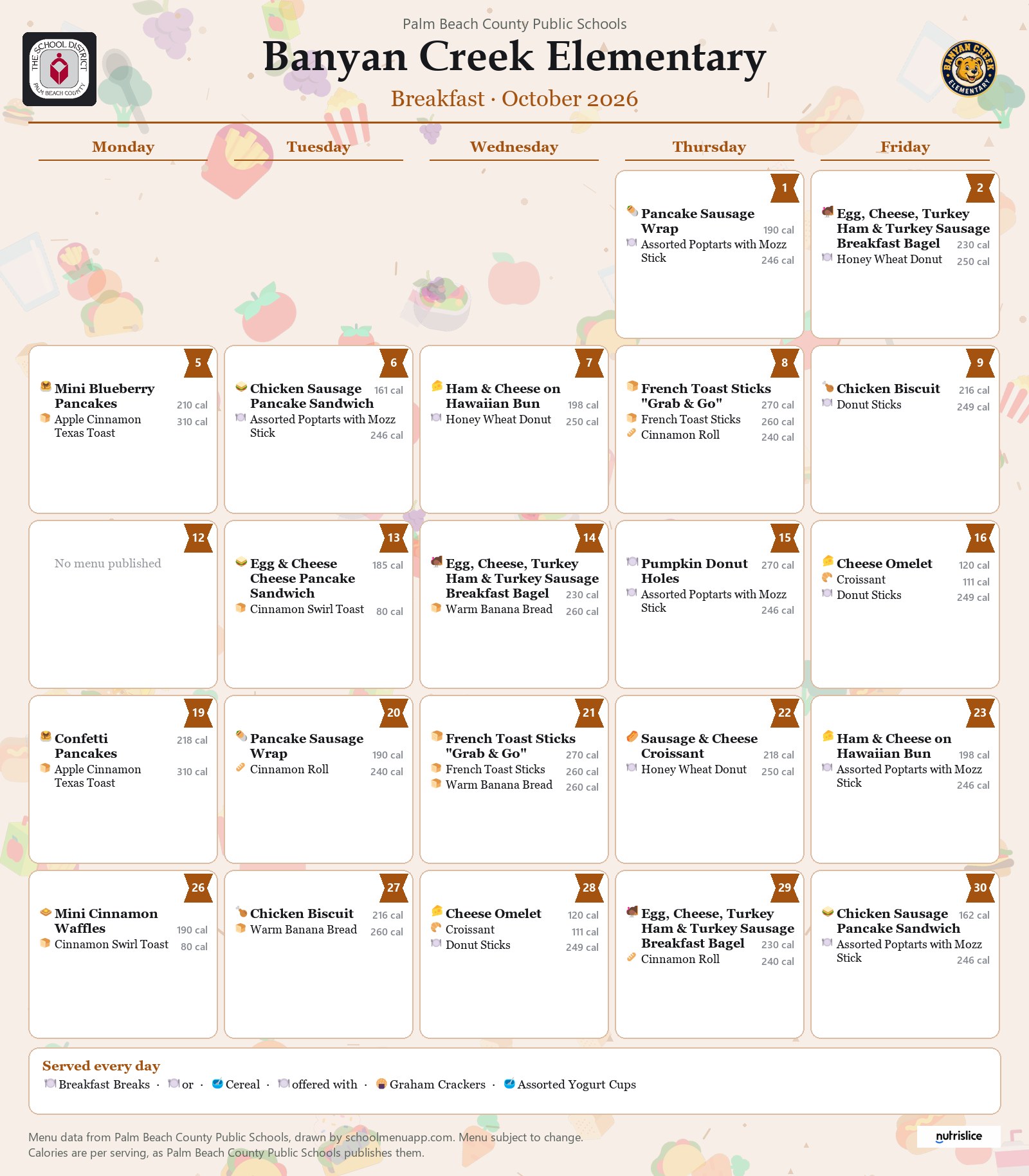 Banyan Creek Elementary breakfast menu for October 2026, Palm Beach County Public Schools
