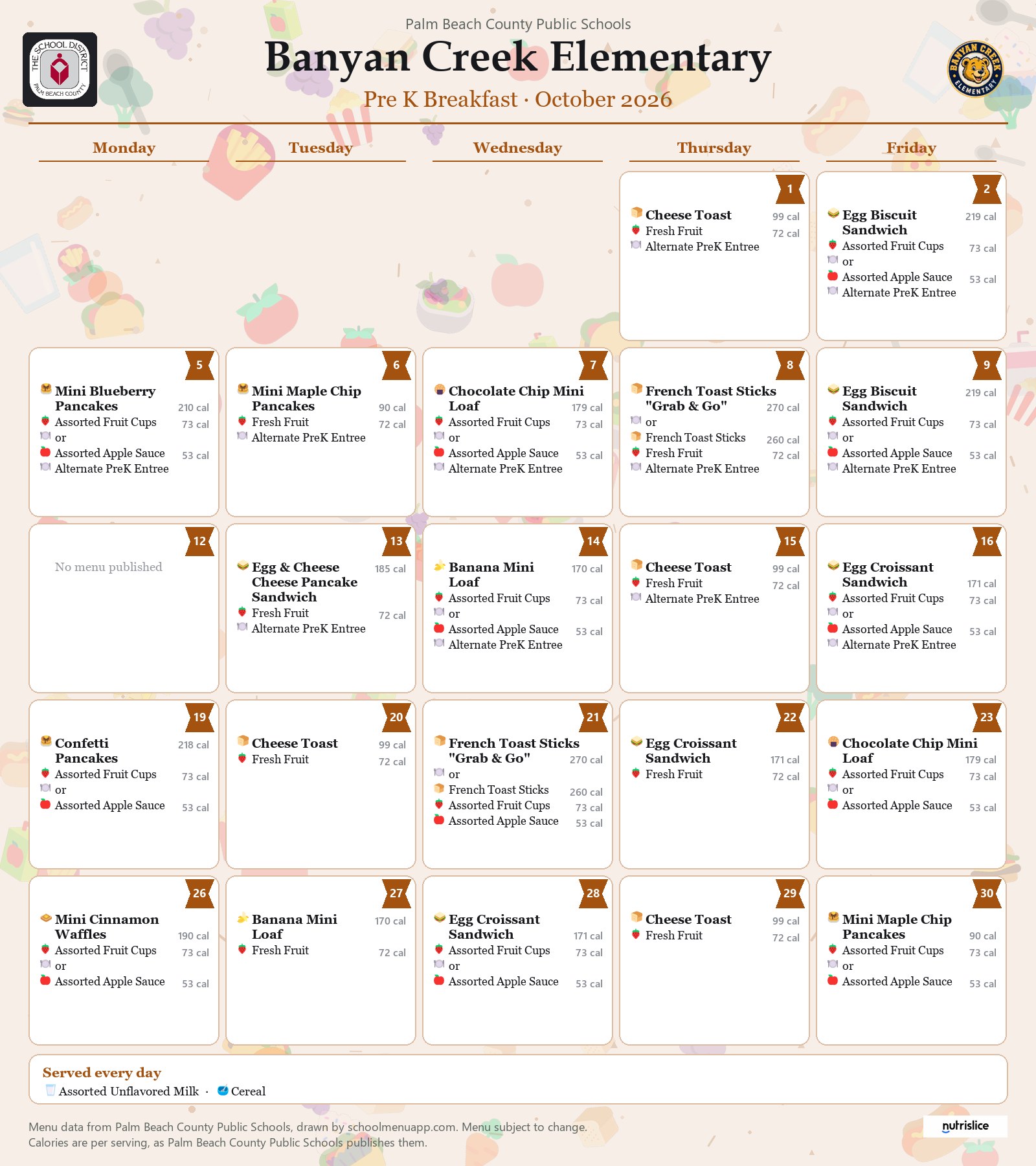 Banyan Creek Elementary pre k breakfast menu for October 2026, Palm Beach County Public Schools