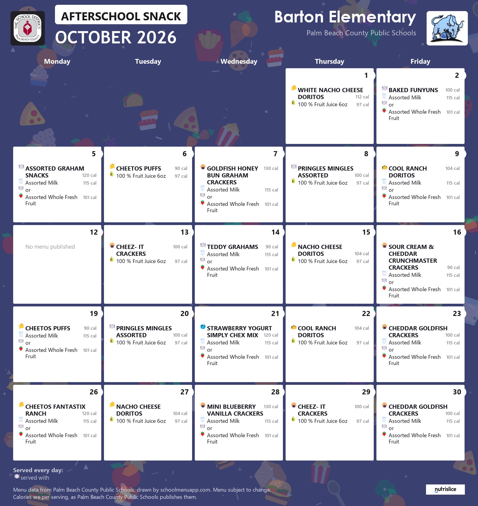 Barton Elementary afterschool snack menu for October 2026, Palm Beach County Public Schools