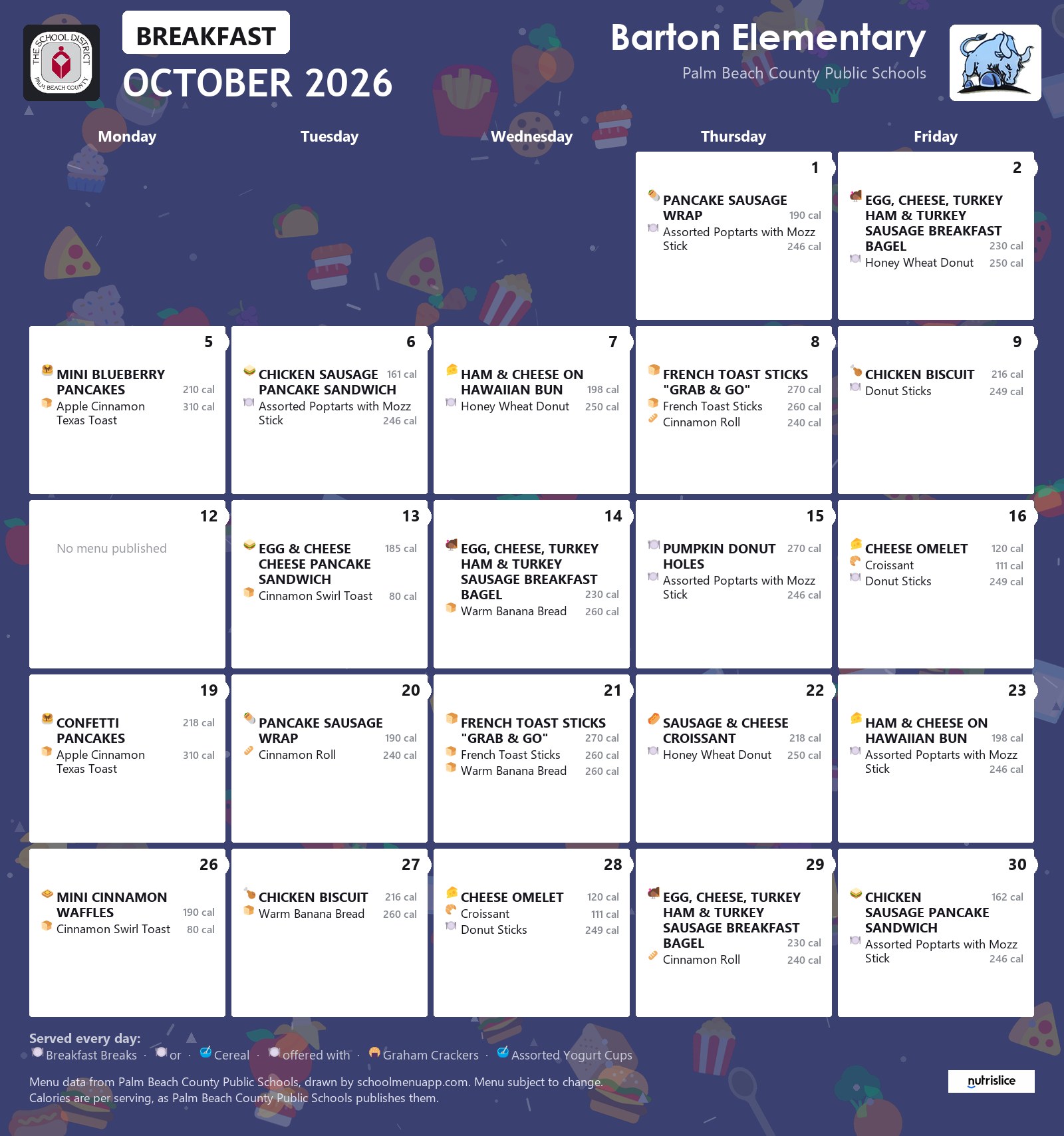 Barton Elementary breakfast menu for October 2026, Palm Beach County Public Schools