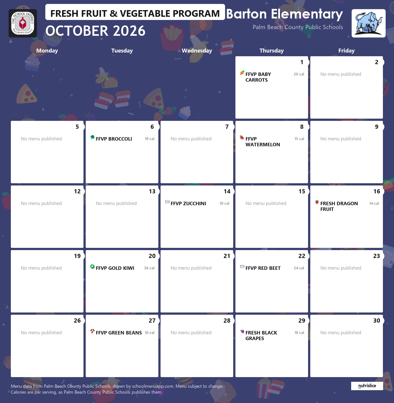 Barton Elementary fresh fruit & vegetable program menu for October 2026, Palm Beach County Public Schools