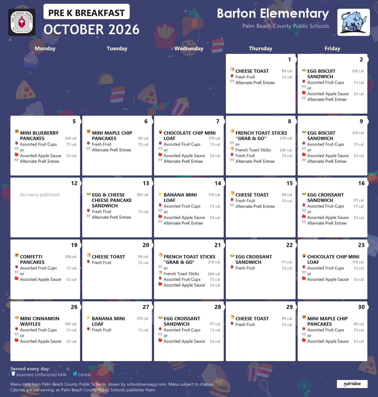 Barton Elementary pre k breakfast menu for October 2026, Palm Beach County Public Schools