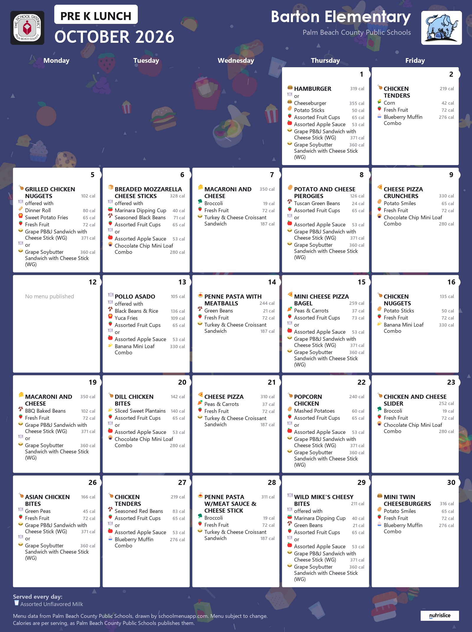 Barton Elementary pre k lunch menu for October 2026, Palm Beach County Public Schools