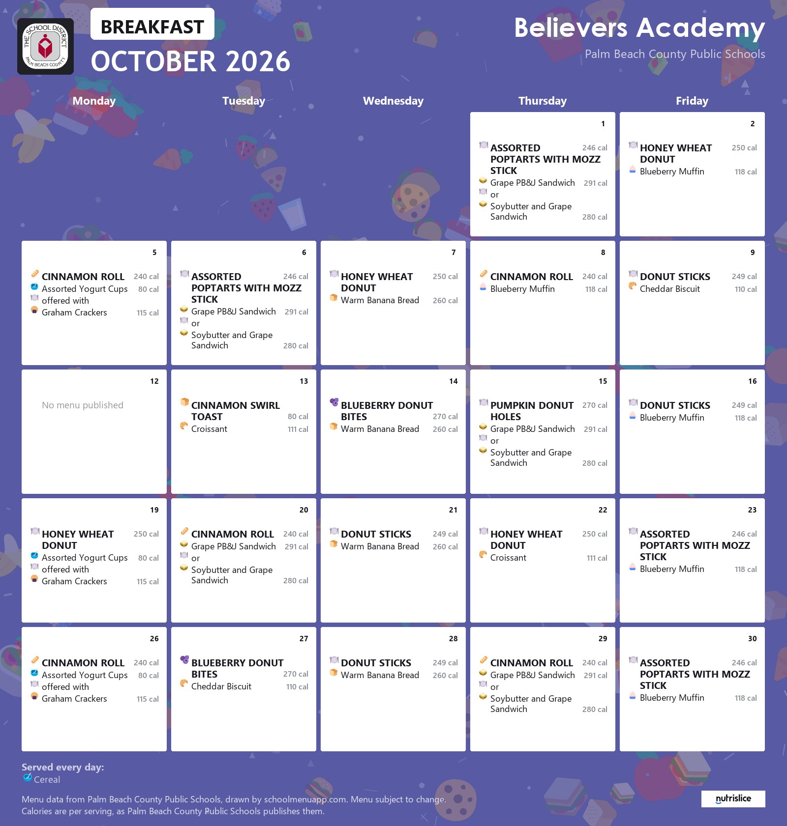 Believers Academy breakfast menu for October 2026, Palm Beach County Public Schools