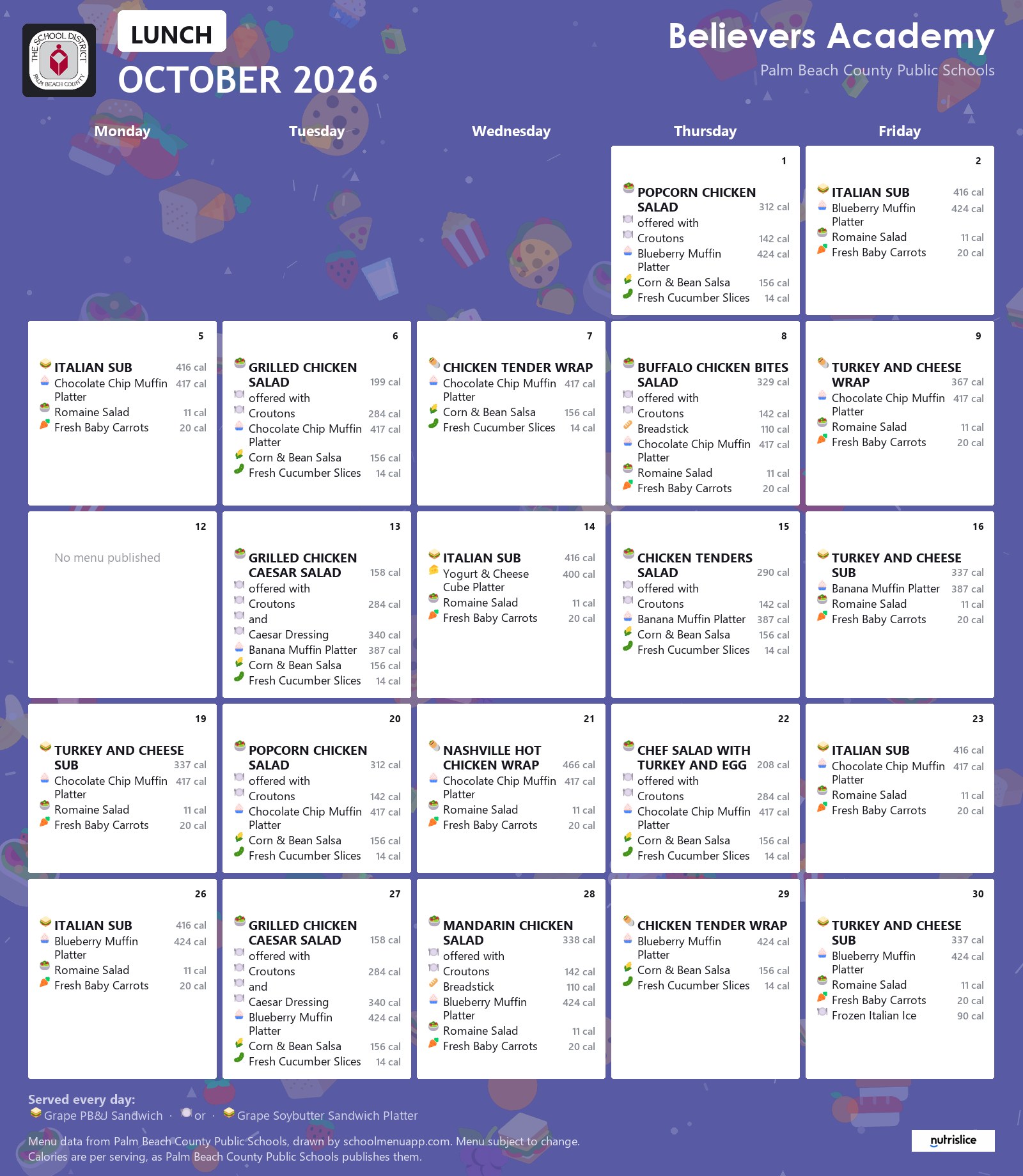 Believers Academy lunch menu for October 2026, Palm Beach County Public Schools