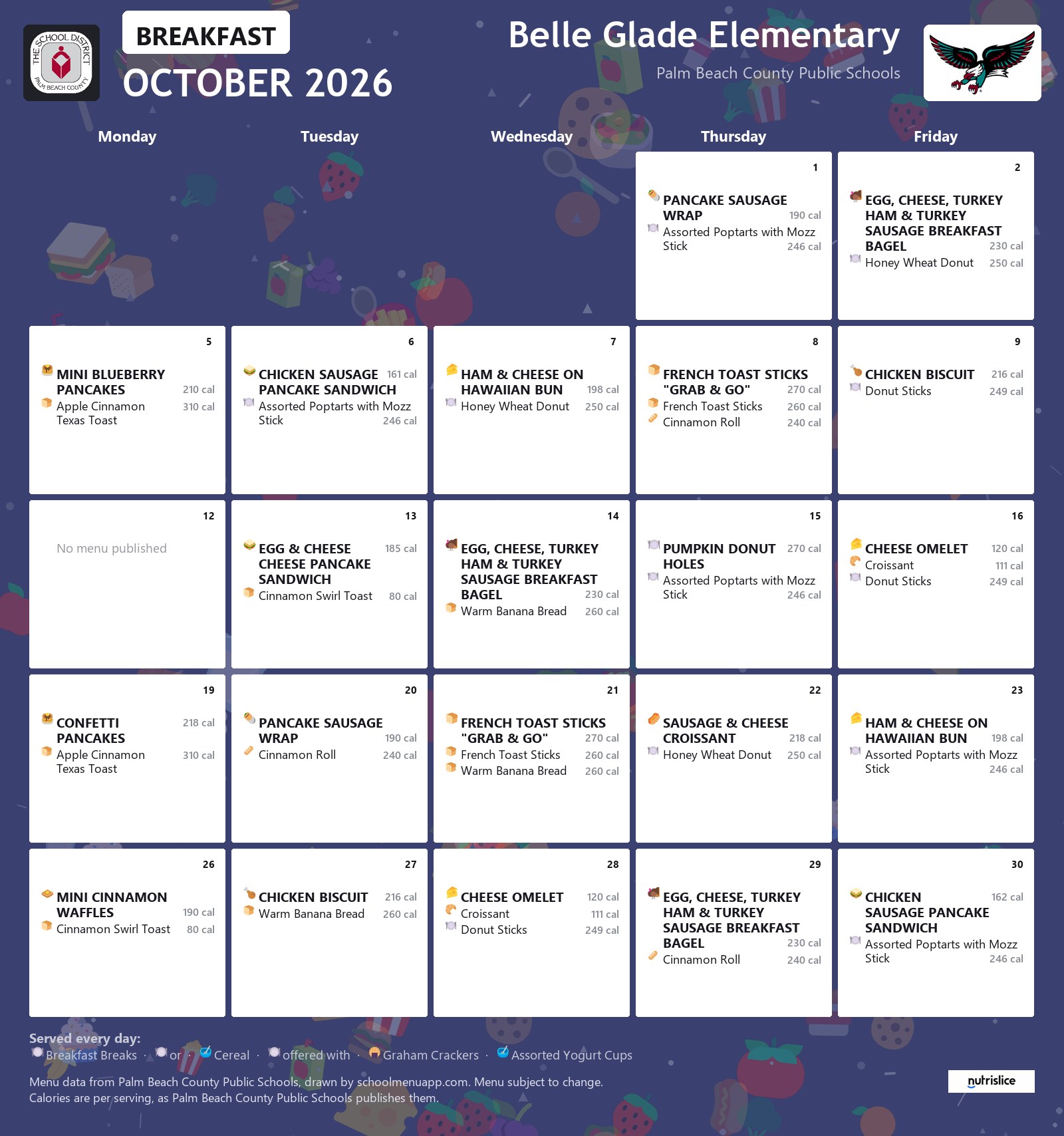 Belle Glade Elementary breakfast menu for October 2026, Palm Beach County Public Schools