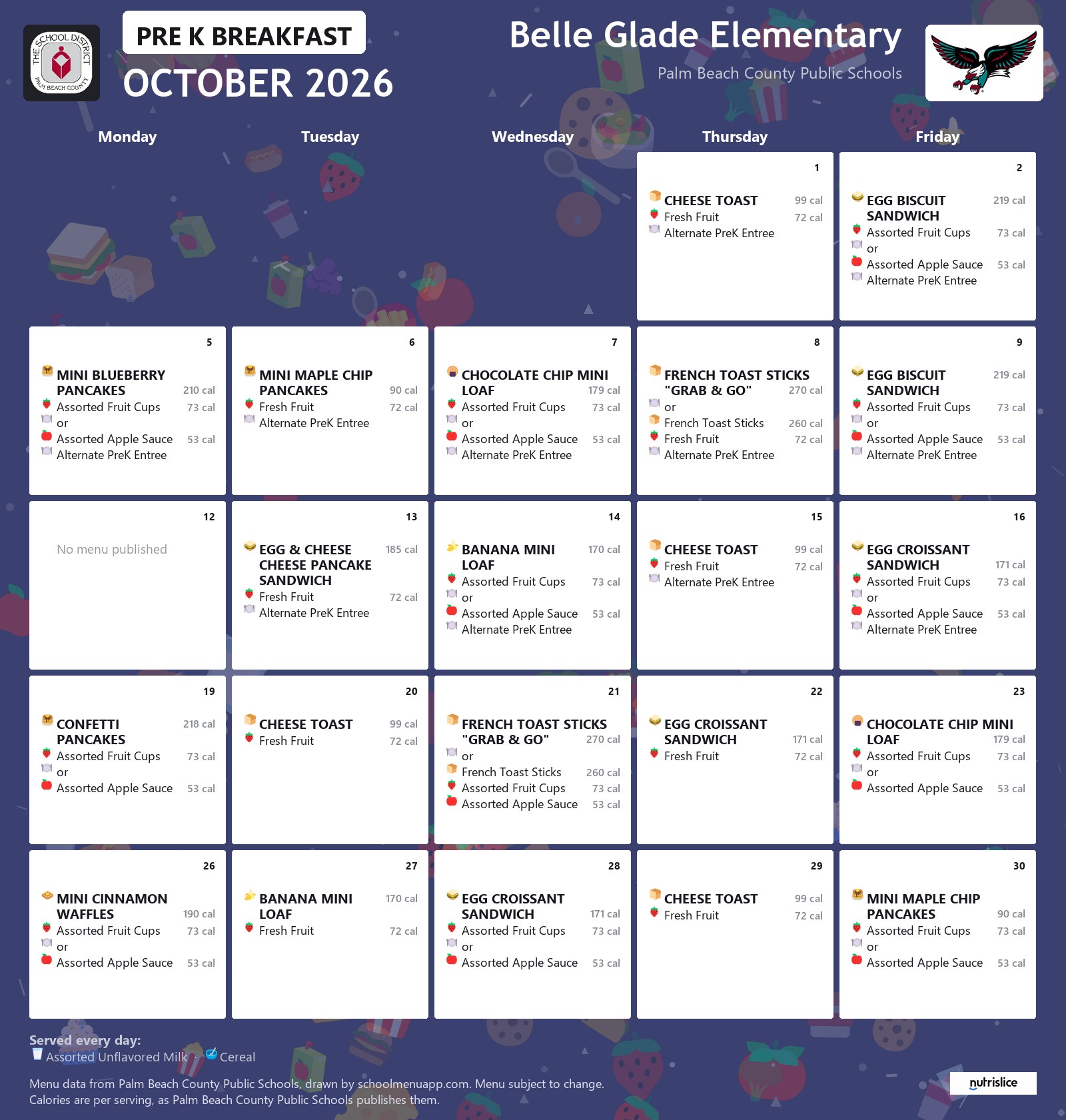 Belle Glade Elementary pre k breakfast menu for October 2026, Palm Beach County Public Schools