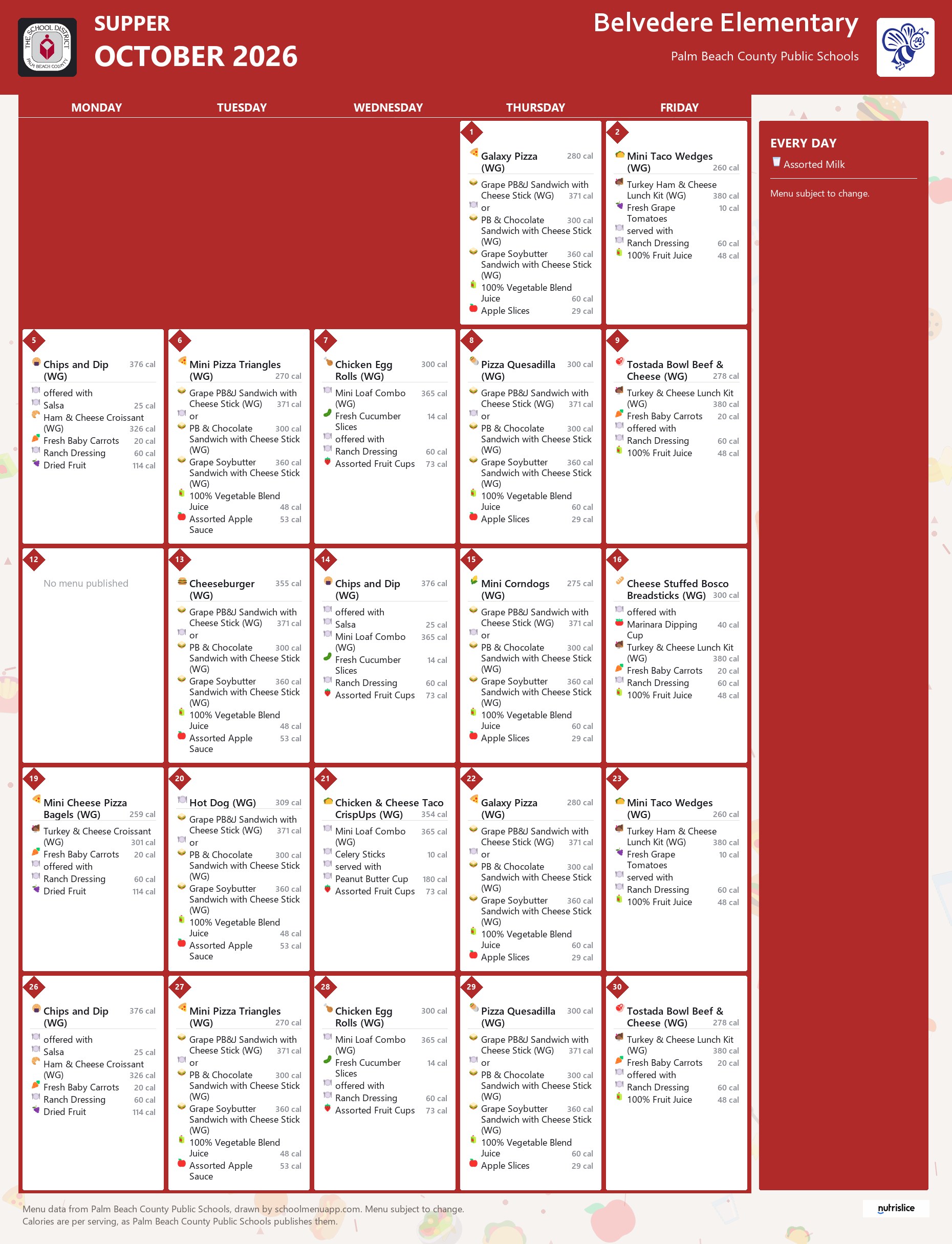 Belvedere Elementary supper menu for October 2026, Palm Beach County Public Schools