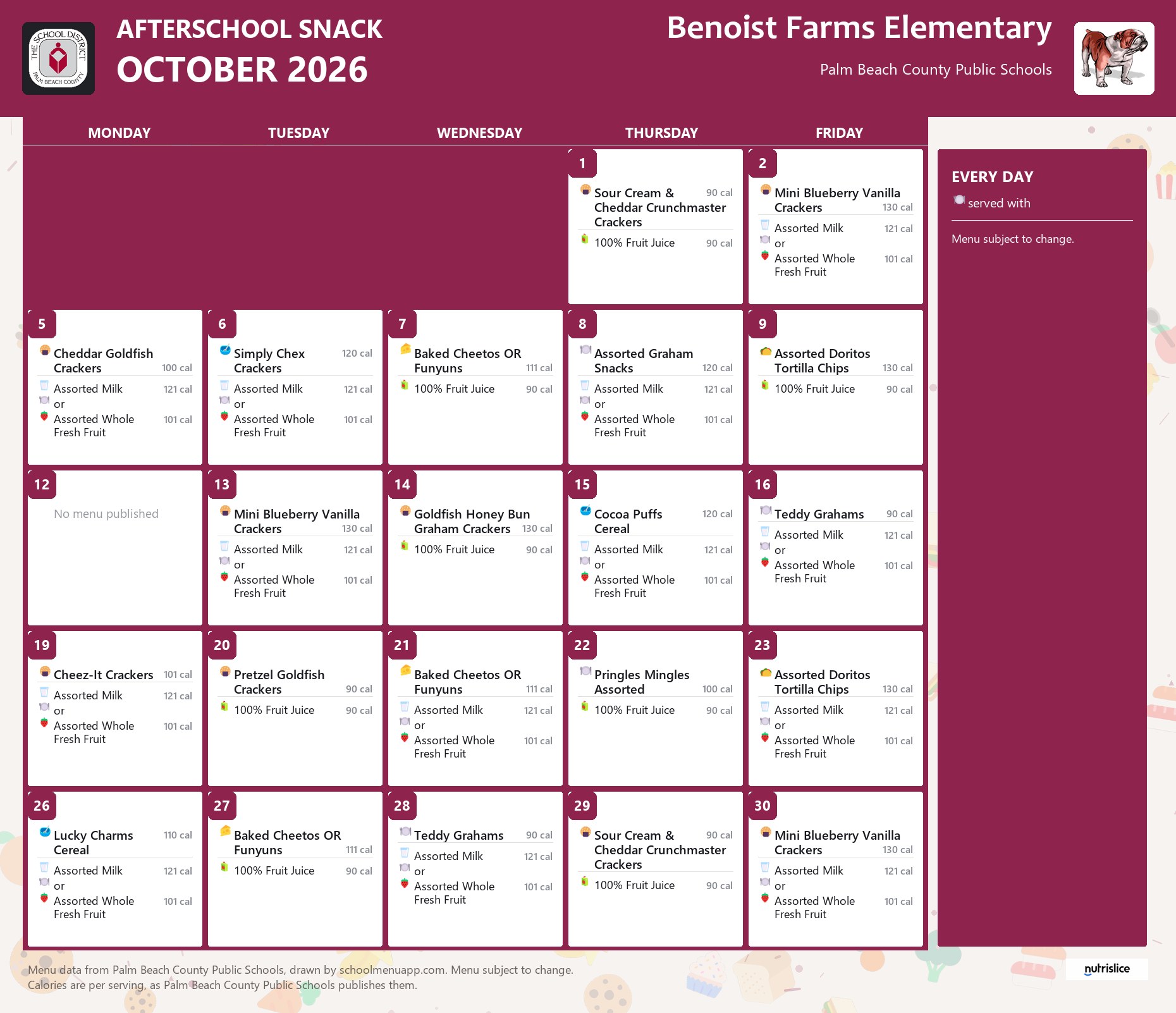 Benoist Farms Elementary afterschool snack menu for October 2026, Palm Beach County Public Schools
