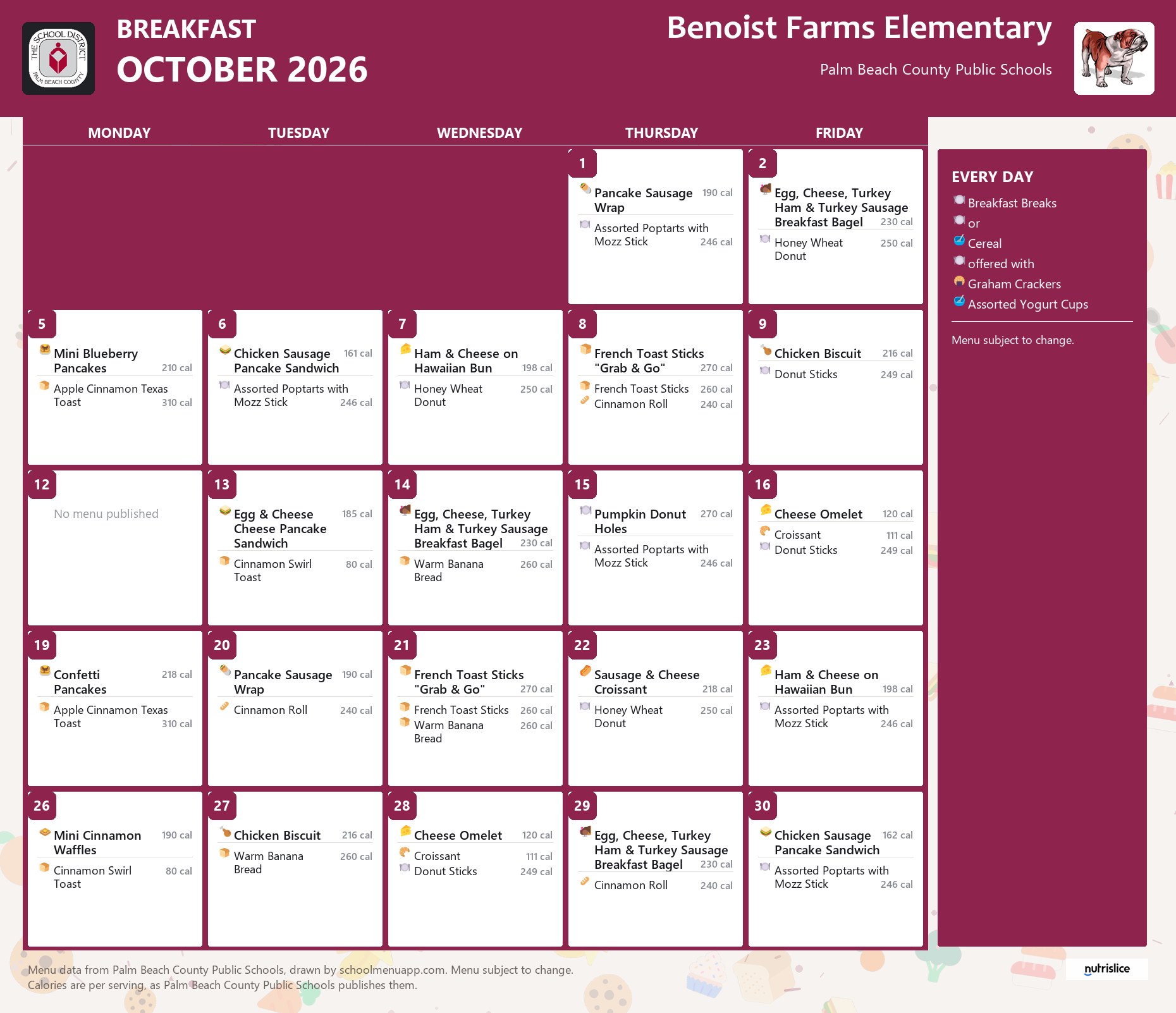 Benoist Farms Elementary breakfast menu for October 2026, Palm Beach County Public Schools
