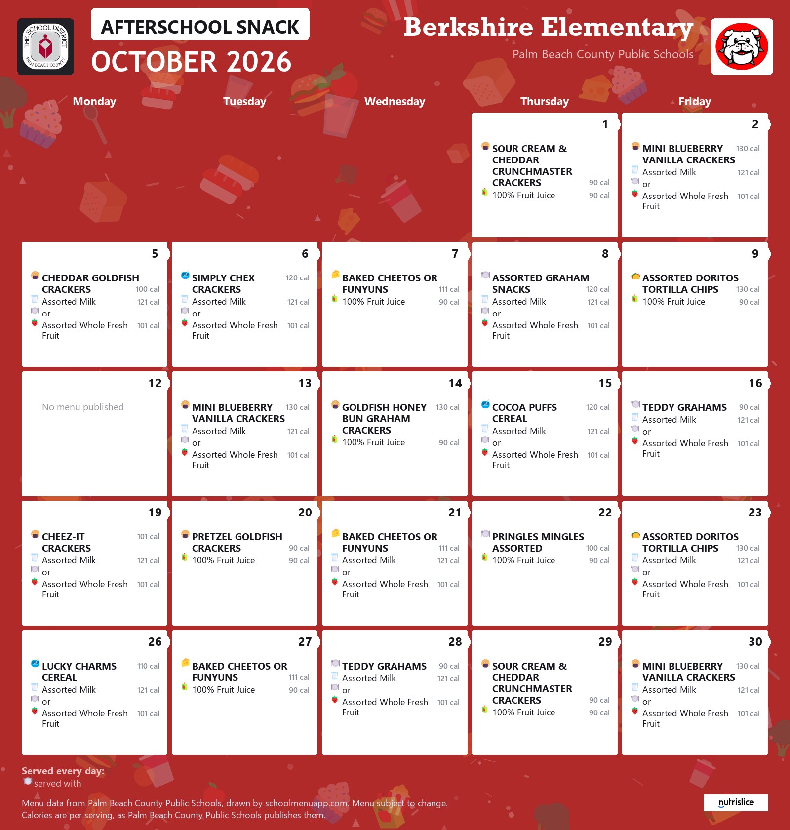Berkshire Elementary afterschool snack menu for October 2026, Palm Beach County Public Schools