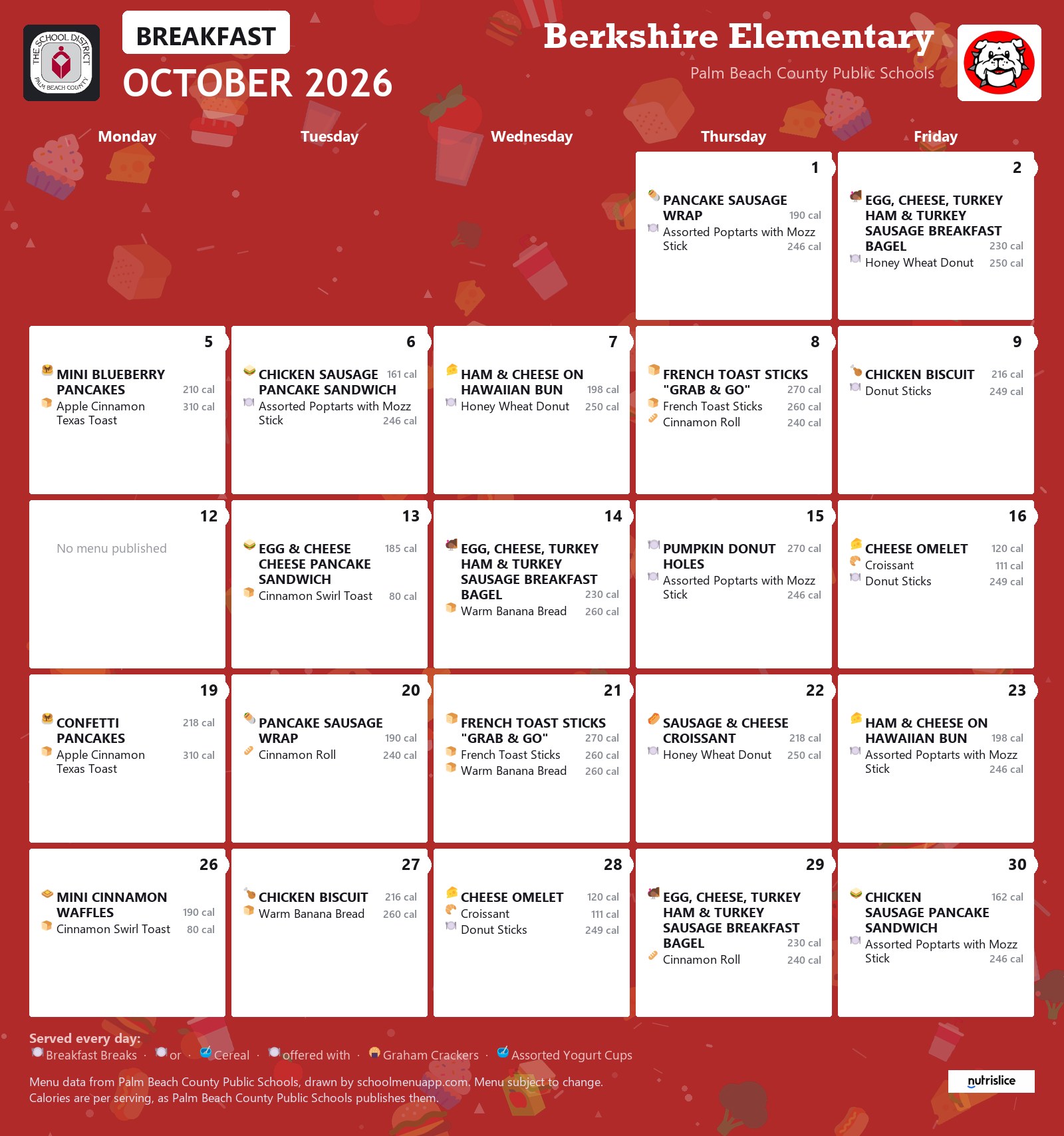 Berkshire Elementary breakfast menu for October 2026, Palm Beach County Public Schools