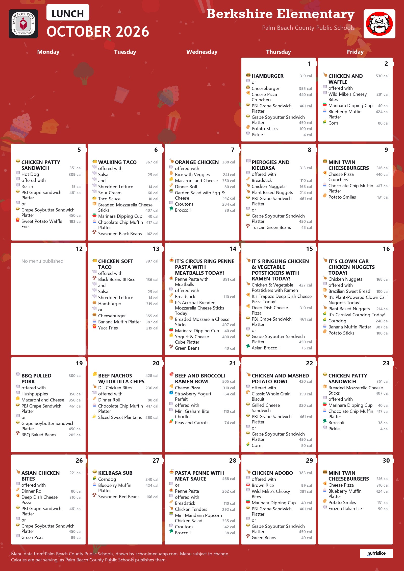 Berkshire Elementary lunch menu for October 2026, Palm Beach County Public Schools