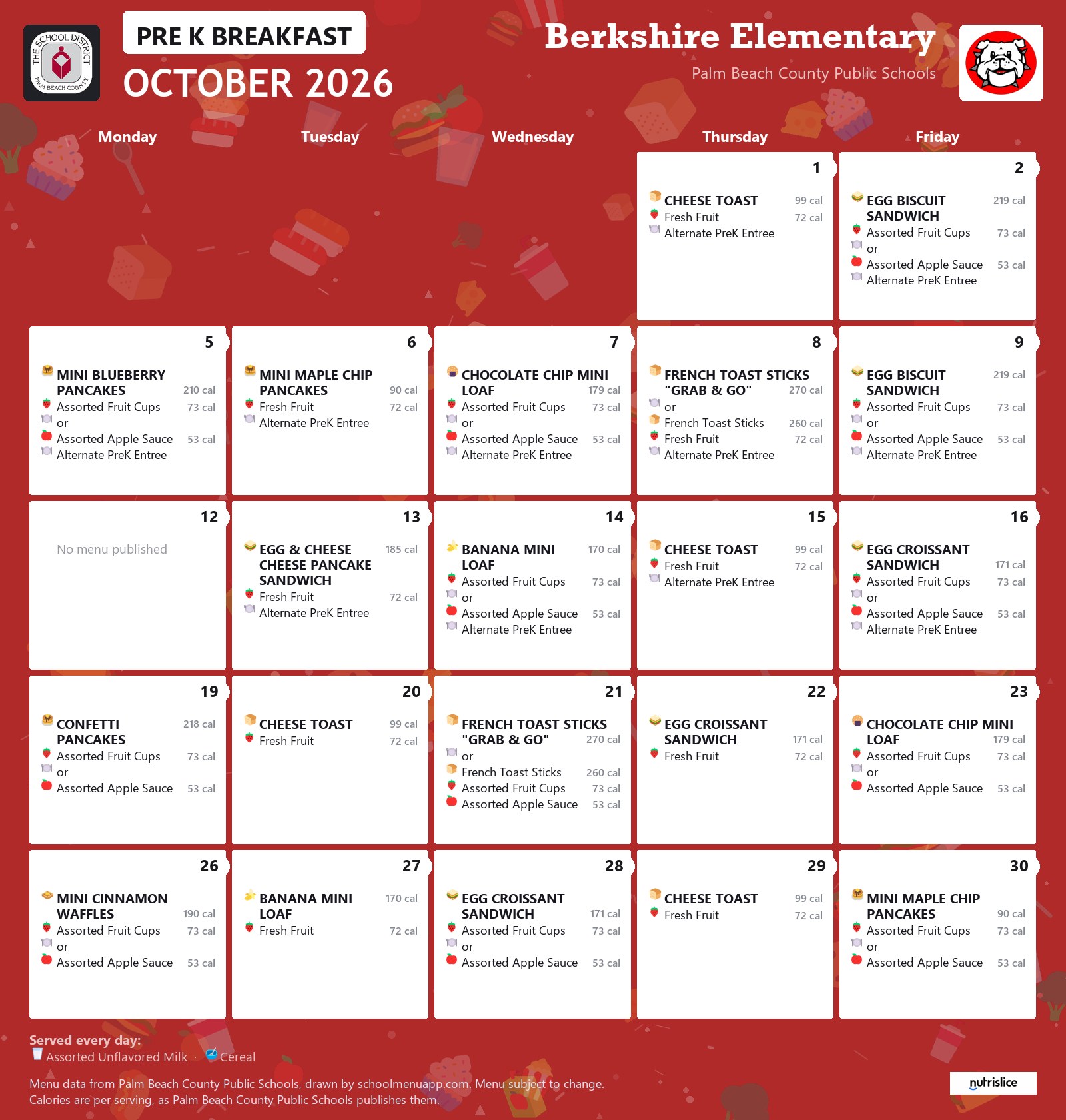 Berkshire Elementary pre k breakfast menu for October 2026, Palm Beach County Public Schools