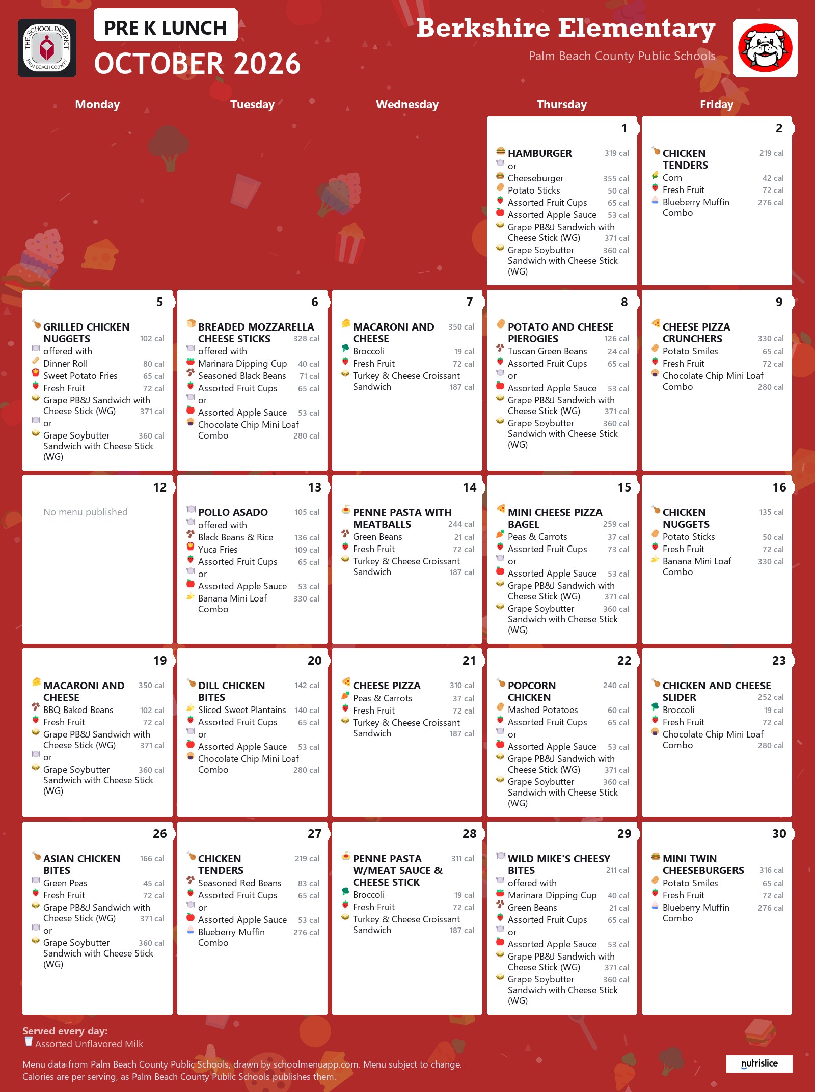 Berkshire Elementary pre k lunch menu for October 2026, Palm Beach County Public Schools