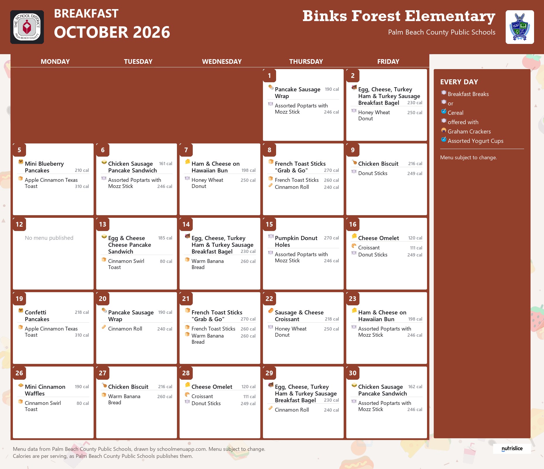 Binks Forest Elementary breakfast menu for October 2026, Palm Beach County Public Schools