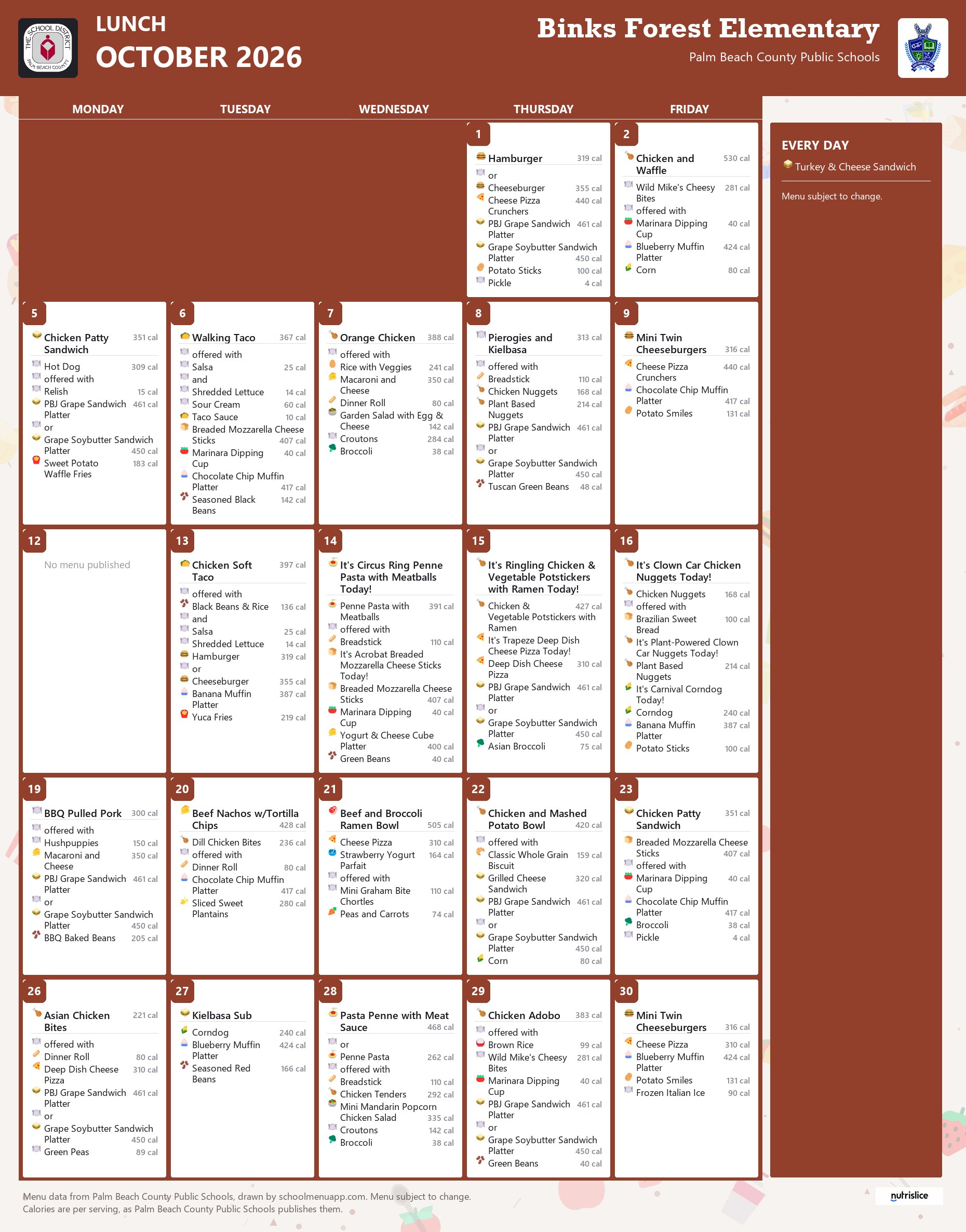 Binks Forest Elementary lunch menu for October 2026, Palm Beach County Public Schools