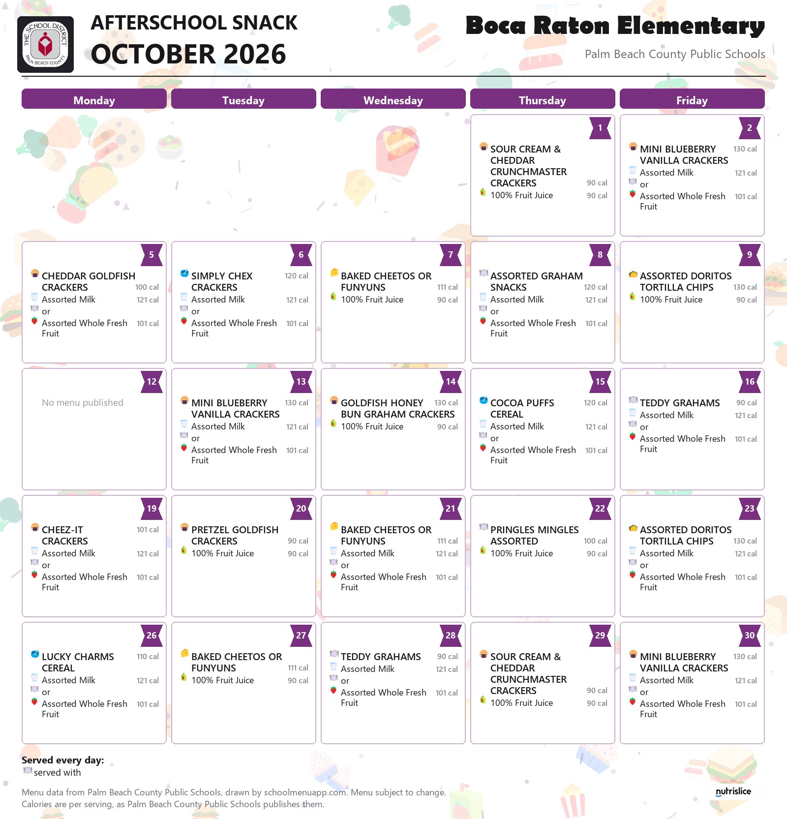 Boca Raton Elementary afterschool snack menu for October 2026, Palm Beach County Public Schools