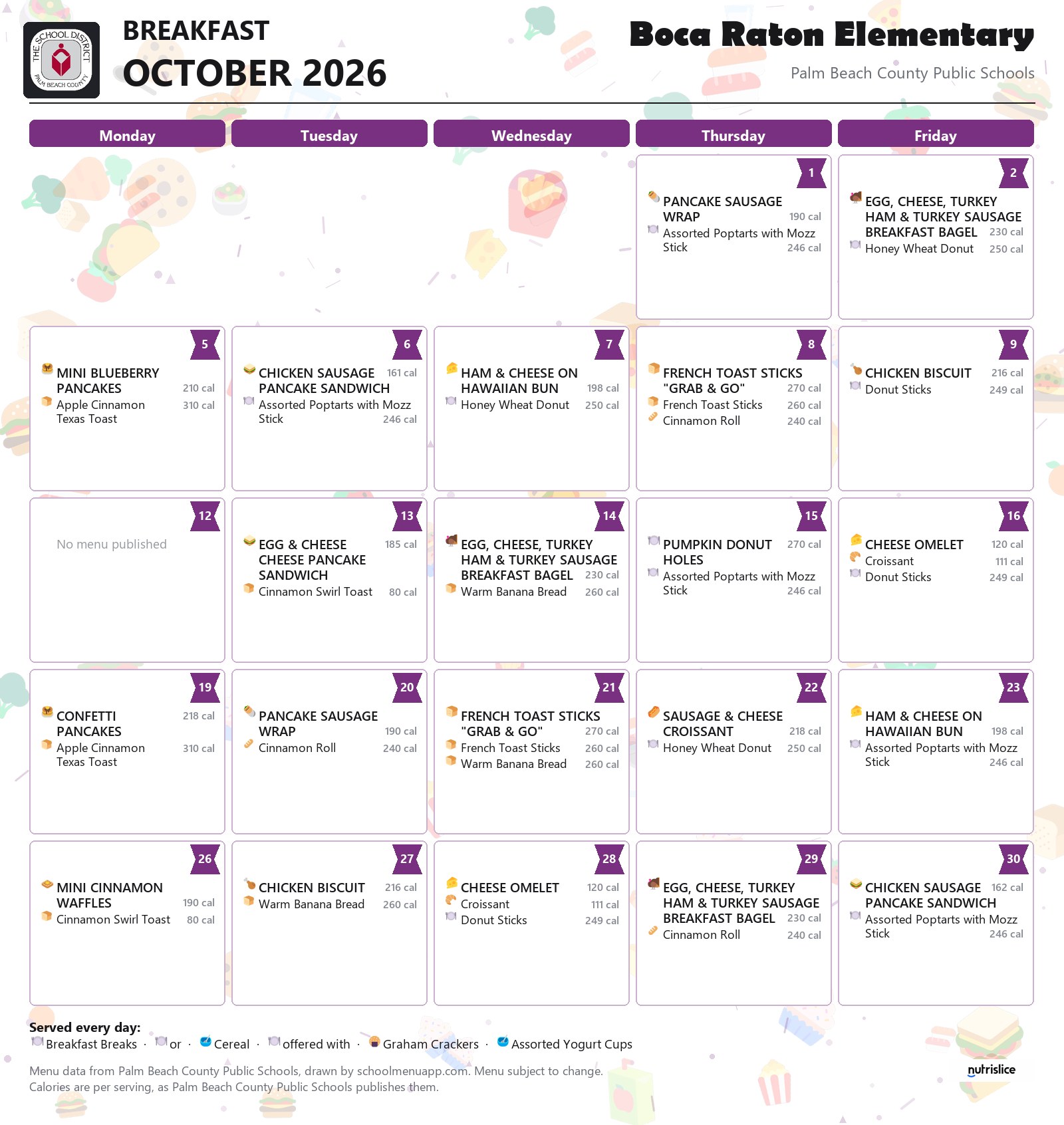 Boca Raton Elementary breakfast menu for October 2026, Palm Beach County Public Schools