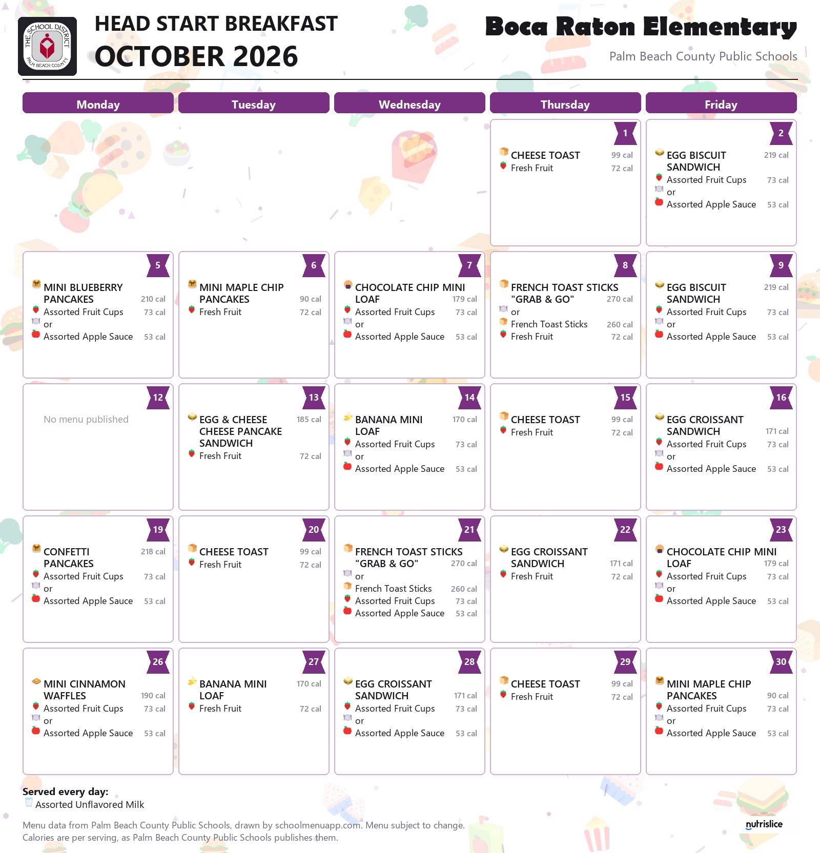 Boca Raton Elementary head start breakfast menu for October 2026, Palm Beach County Public Schools