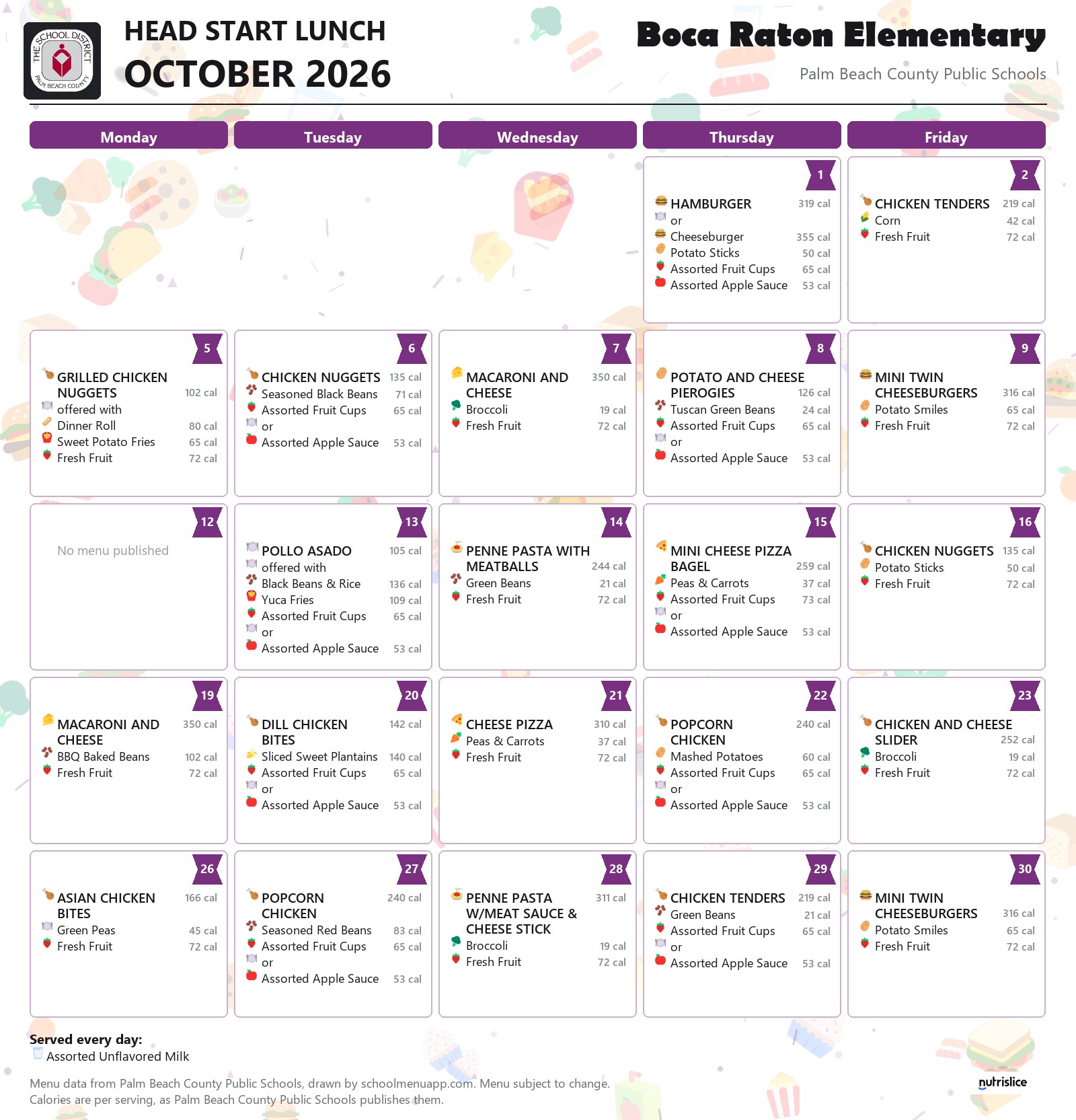 Boca Raton Elementary head start lunch menu for October 2026, Palm Beach County Public Schools
