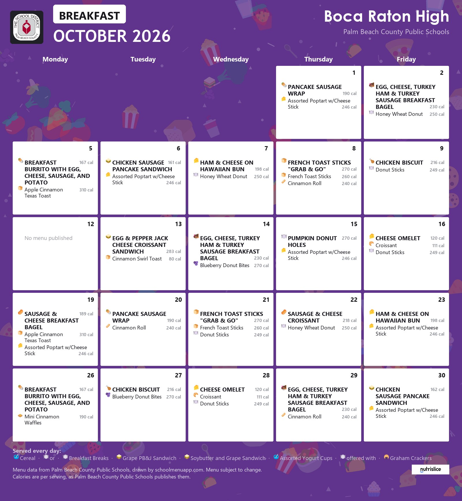 Boca Raton High breakfast menu for October 2026, Palm Beach County Public Schools