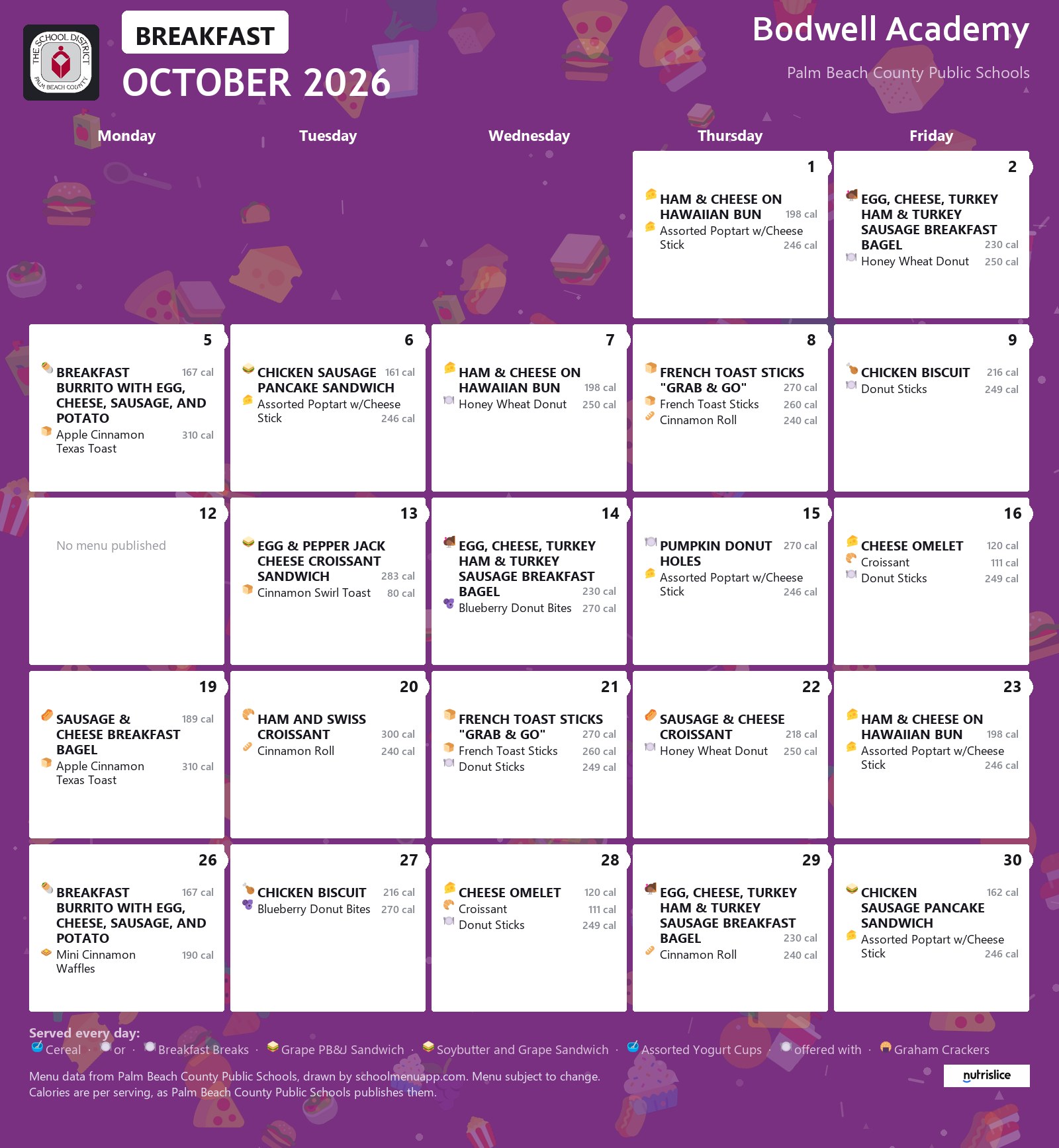 Bodwell Academy breakfast menu for October 2026, Palm Beach County Public Schools